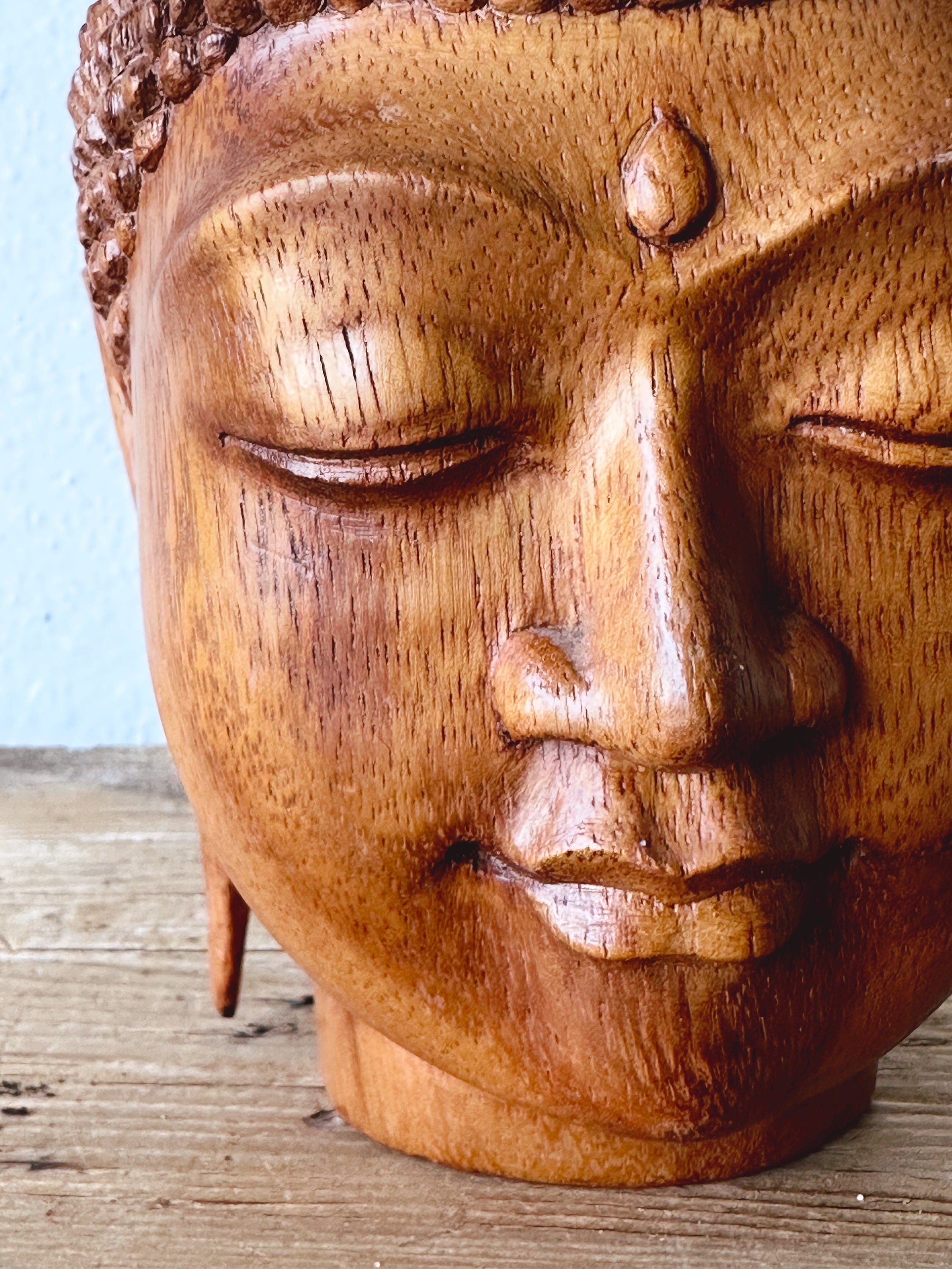 Vintage Wood Buddha Head Statue | Hand Made Wood Meditation Buddha Figure | Asian Buddhist Home Decor | Bookshelf Decor