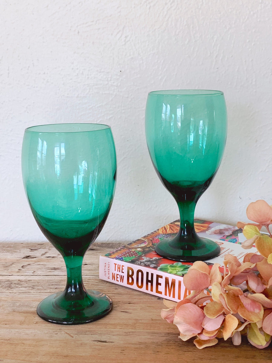 Libbey Juniper Emerald Green Water Wine Goblet Glasses Set of 8 Vintage