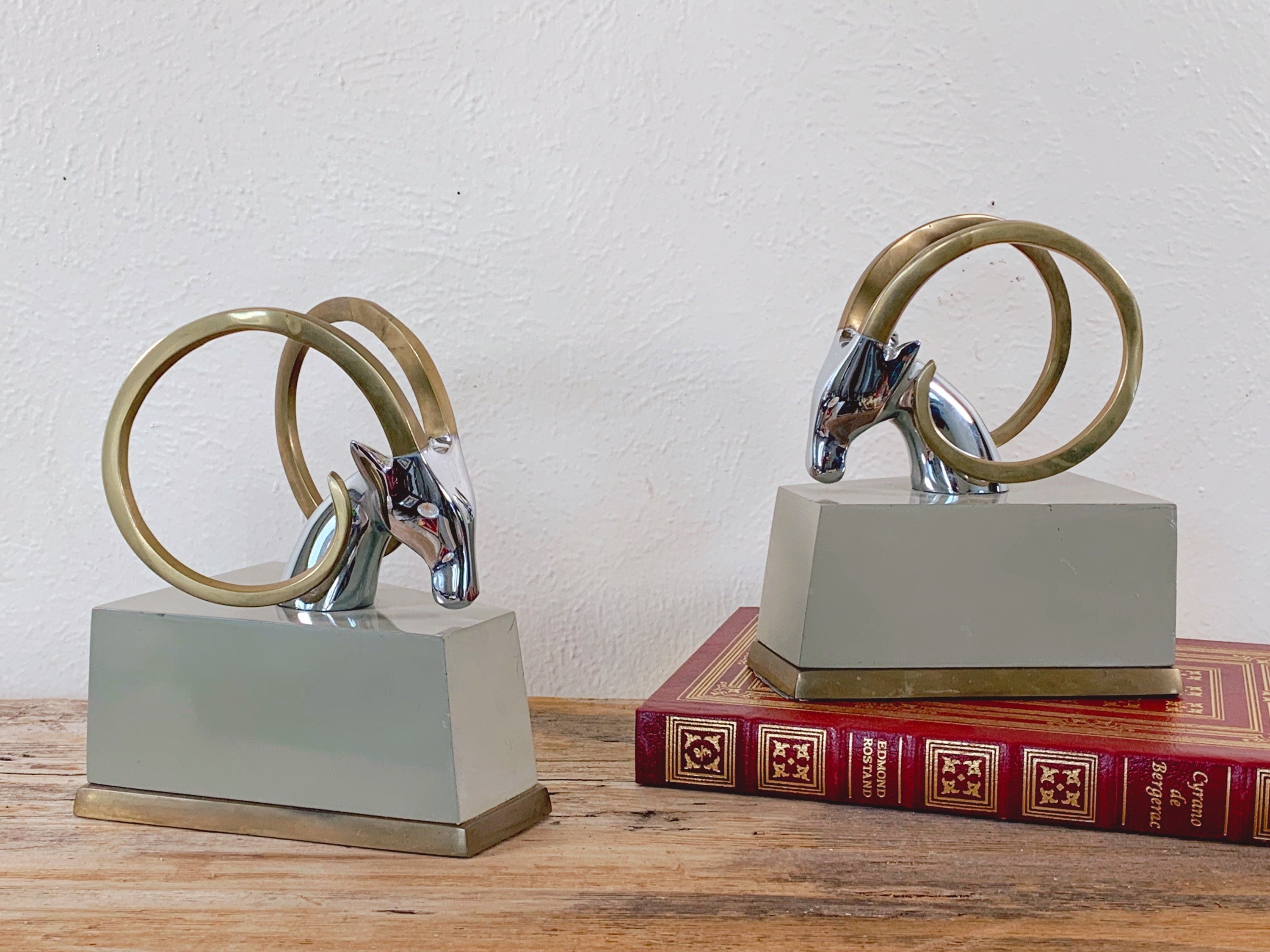 Pair of Vintage 1980s Brass and Chrome Ibex Bookends