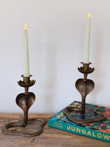 Pair of Vintage Brass Hand Painted Enameled Cobra Snake Candle Holders | Engraved Serpent Candlestick Holder Unique Boho Home Decor