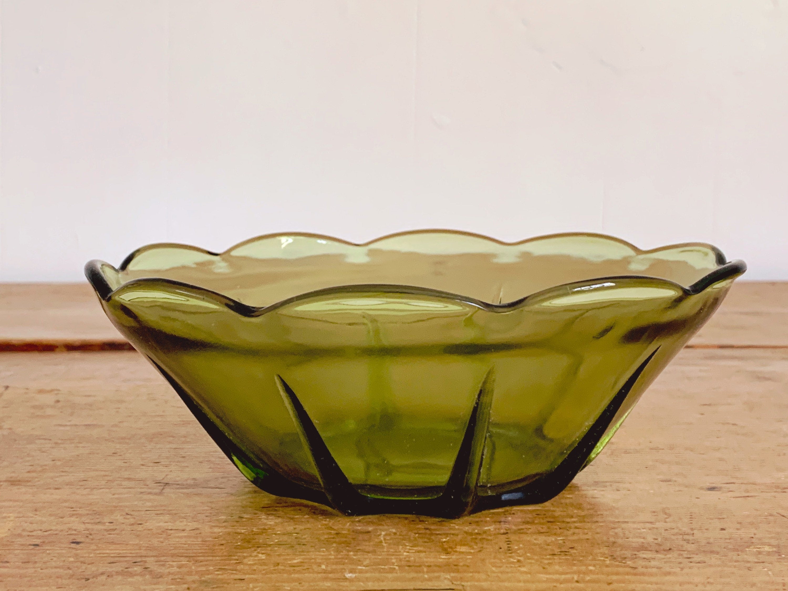 Vintage Mid Century Olive Green Glass Serving Bowl with Scalloped Edges | Tableware Jewelry Dish Catchall Bowl | Mother's Day Gift