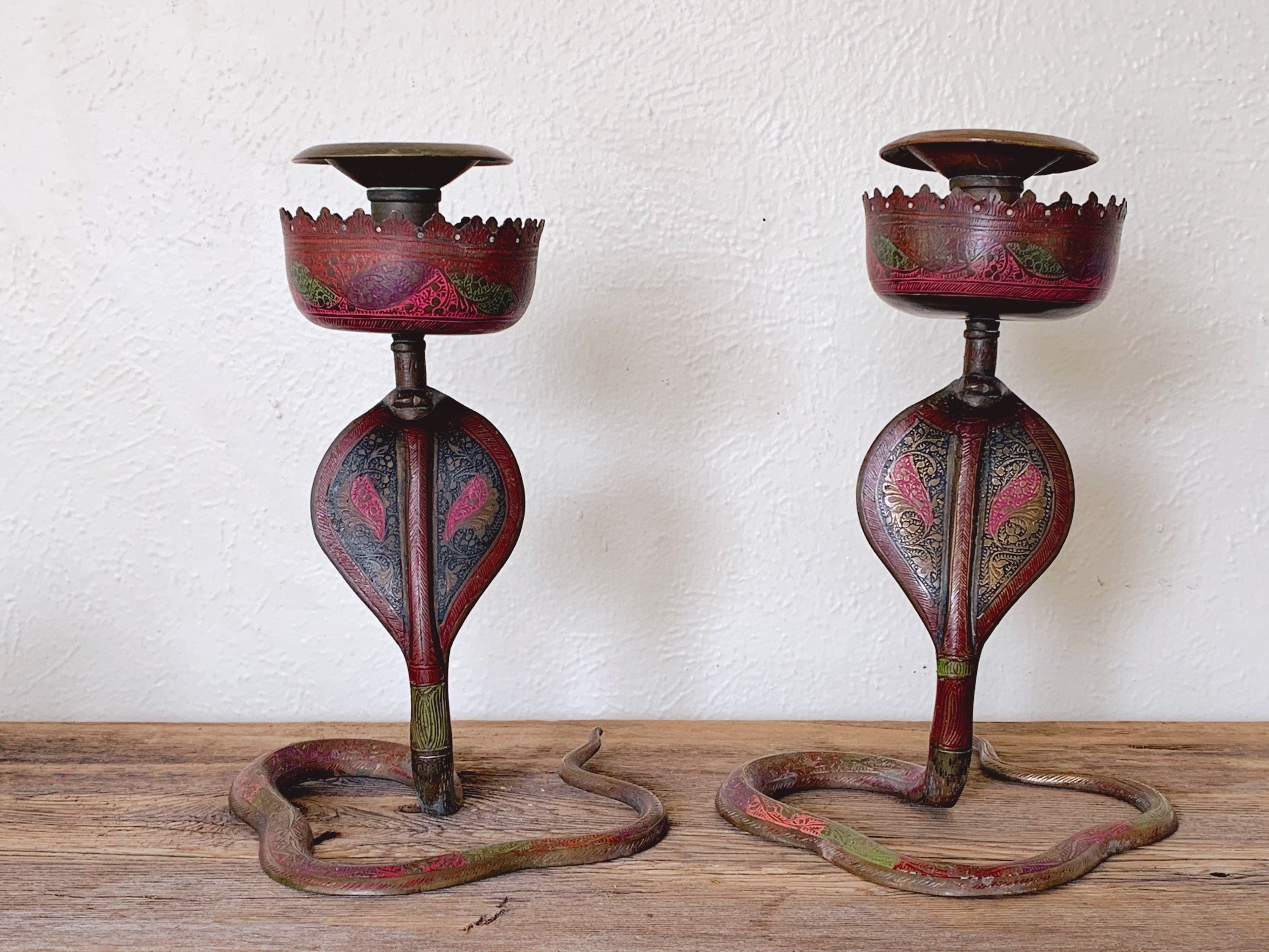 Amazing Pair of XL Vintage Brass Hand Painted Enameled Cobra Snake Candle Holders | Engraved Serpent Candlesticks Unique Boho Home Decor