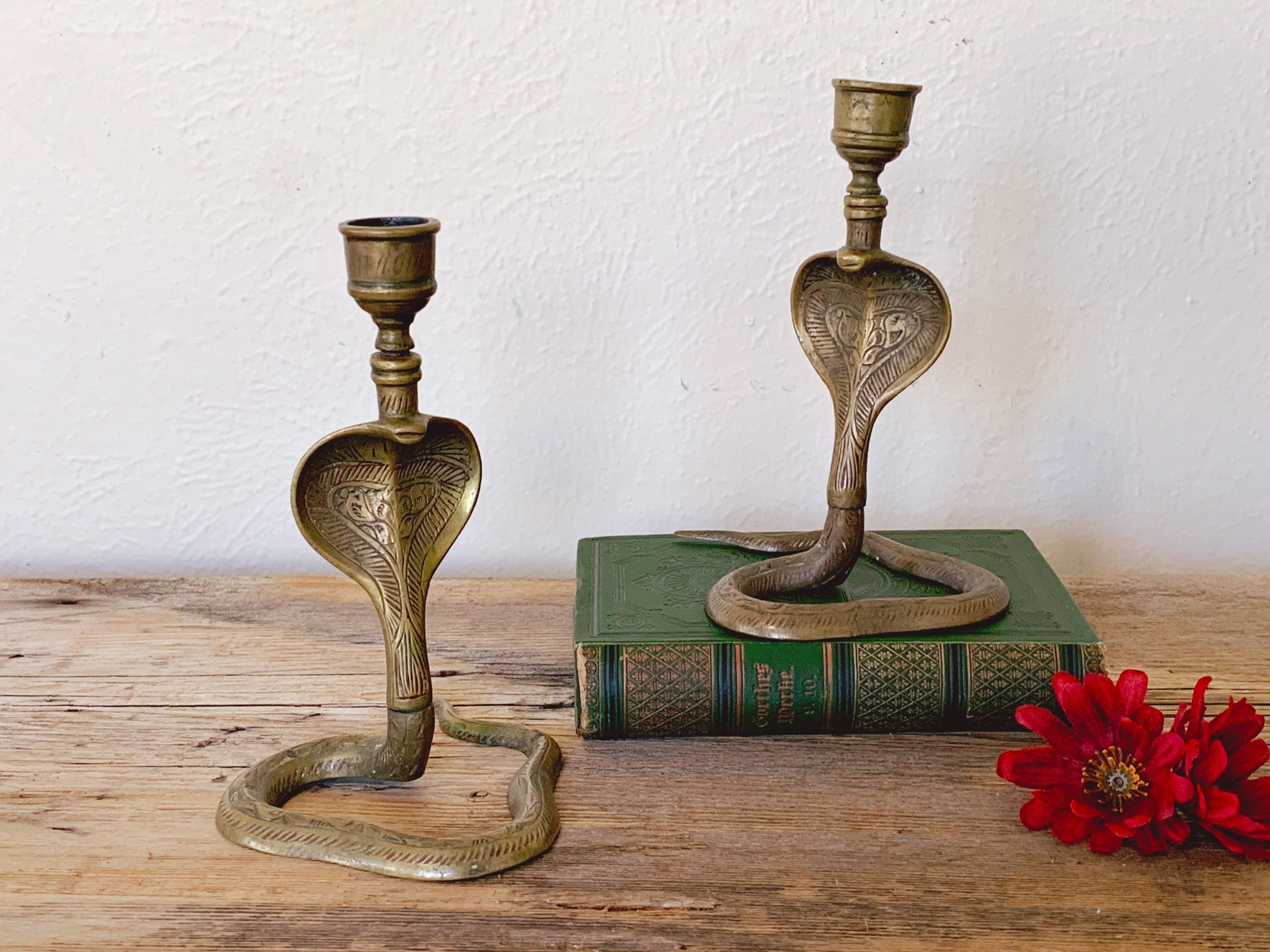 Pair of Vintage Brass Hand Painted Enameled Cobra Snake Candle