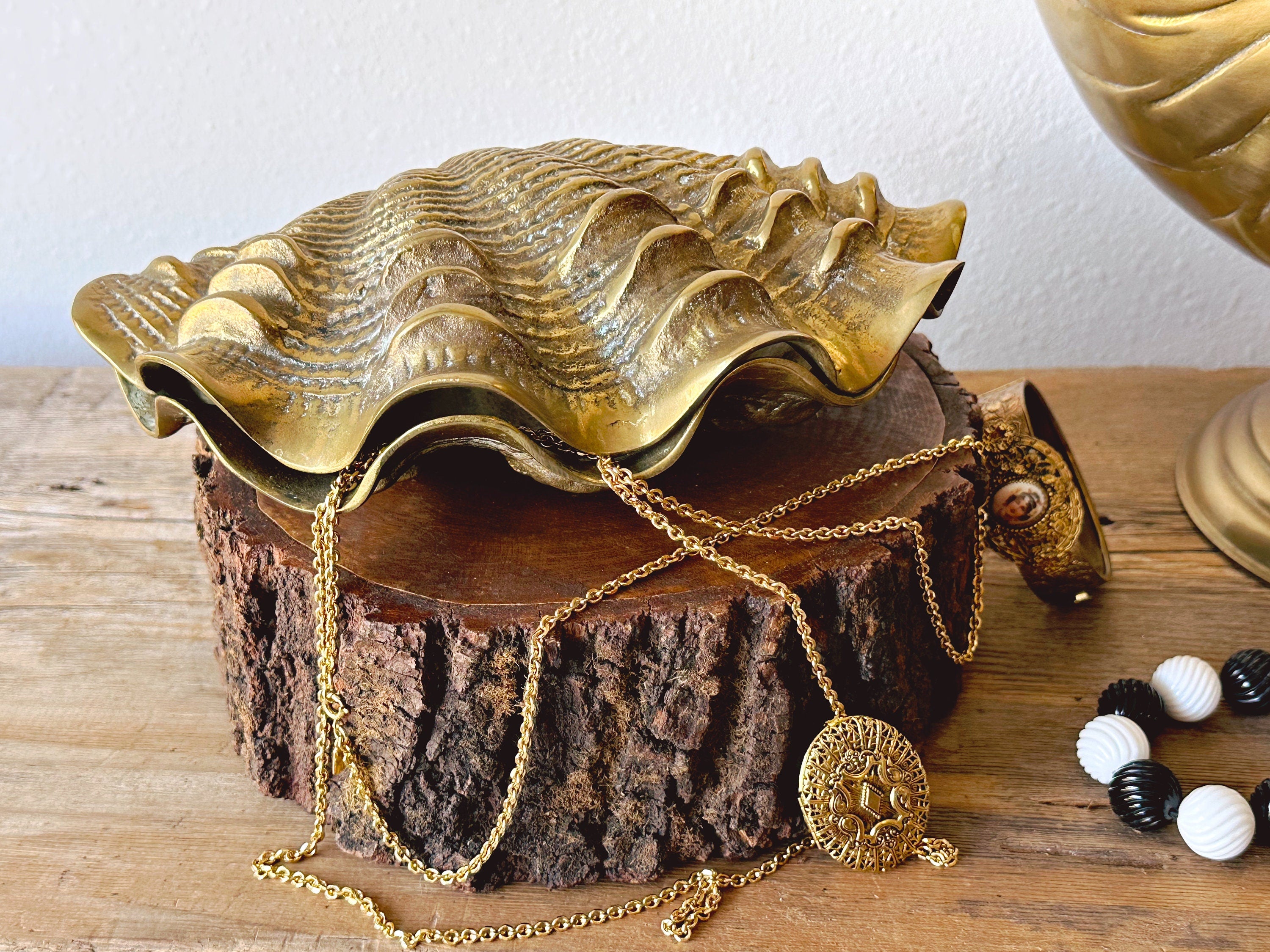Large Vintage Brass Clam Shell Box 
