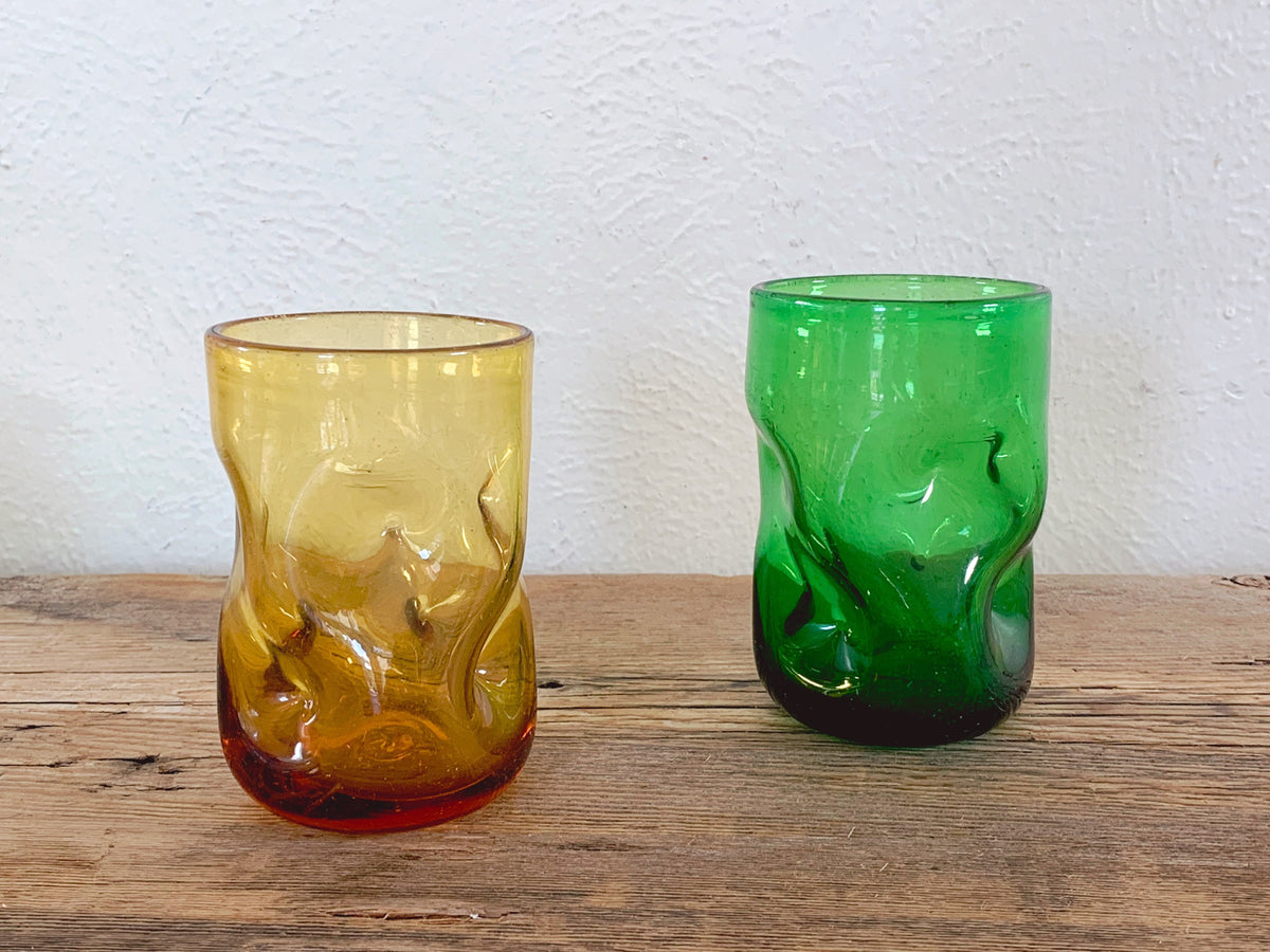 Pair of Blenko Hand Blown Dimple Glass Tumblers in Yellow and Green