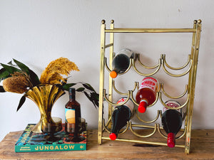 Vintage Solid Brass Wine Rack Holds 9 Bottles | MCM Hollywood Regency Style Gold Bottle Holder | Home Bar Housewarming Gift