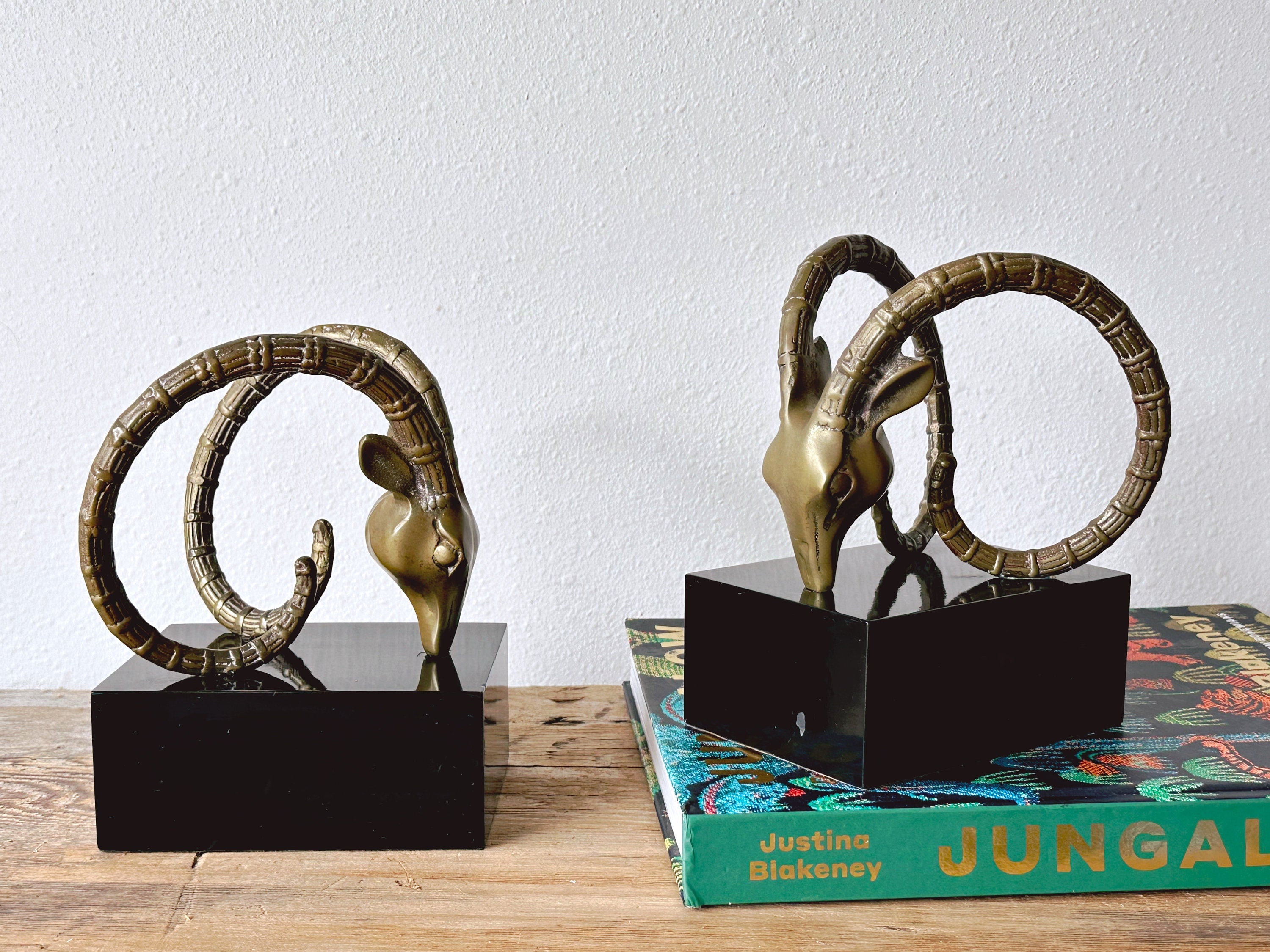 Pair of Vintage 1980s Brass Rams Head Bookends on Black Pedestal | Mid Century Library and Office Decor | Antelope Gazelle Ibex Bookends