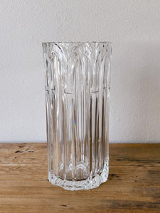 Vintage Premium Clear Cut Crystal Vase | Heavy Cylindrical Flower Vase with Arches Pattern | Housewarming Gift For Her Wedding Decor