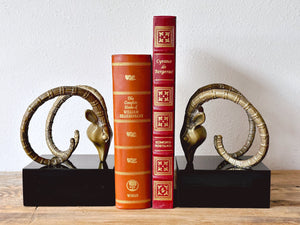 Pair of Vintage 1980s Brass Rams Head Bookends on Black Pedestal | Mid Century Library and Office Decor | Antelope Gazelle Ibex Bookends