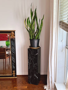 Vintage 1980s Rectangular Tessellated Black & White Marble Pedestal 36" Tall | Marble Laminate Sculptural Plant Stands | Art Display Plinth