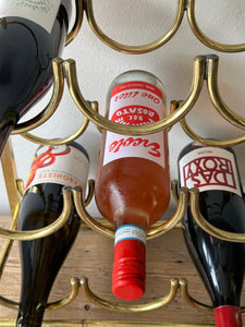 Vintage Solid Brass Wine Rack Holds 9 Bottles | MCM Hollywood Regency Style Gold Bottle Holder | Home Bar Housewarming Gift