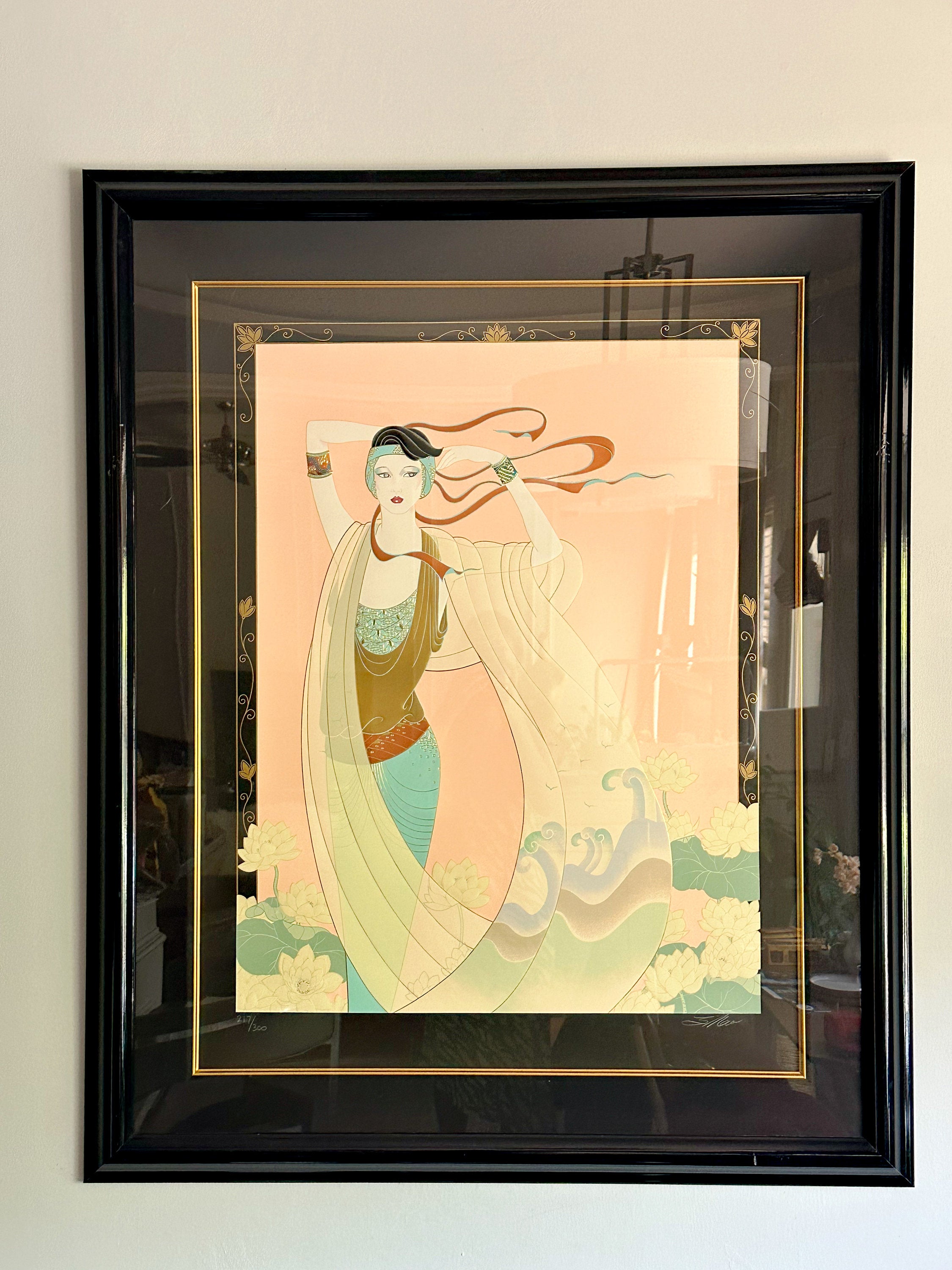 Vintage Lillian Shao Limited Edition Serigraph on Paper "Lotus" Framed Art Print Signed and Numbered | Art Deco Chinese Style Art Home Decor