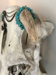 Vintage Bull Skull with Horns in Southwestern Style Jewelry | Cow Skull with Turquoise Stone Decorations | Boho Gallery Wall Hanging Decor