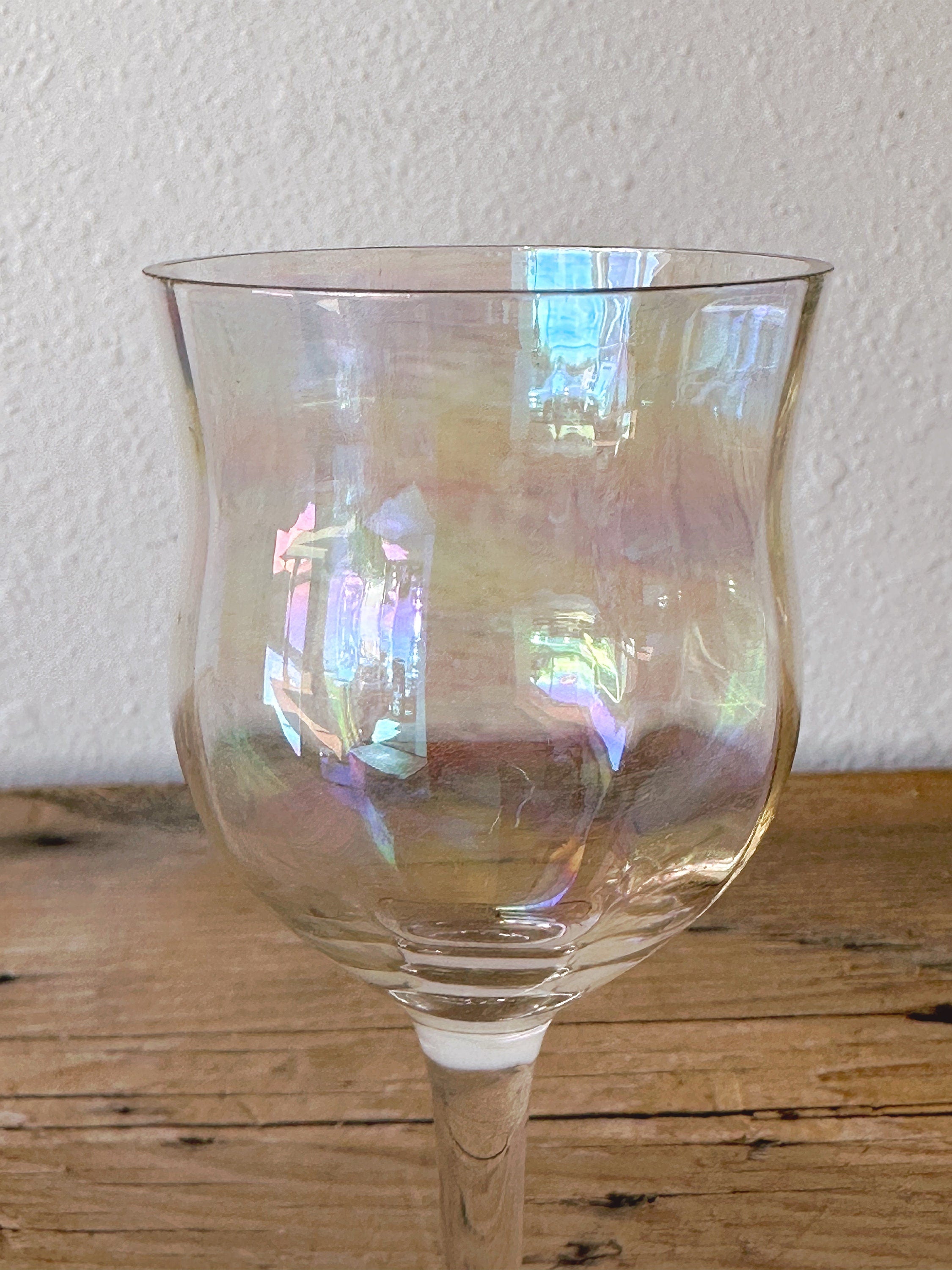 Pair of Vintage Iridescent Ribbed Cordial Glasses | Mid-Century Rainbow Pearly Craft Dessert Wine Glasses | Gift for Her