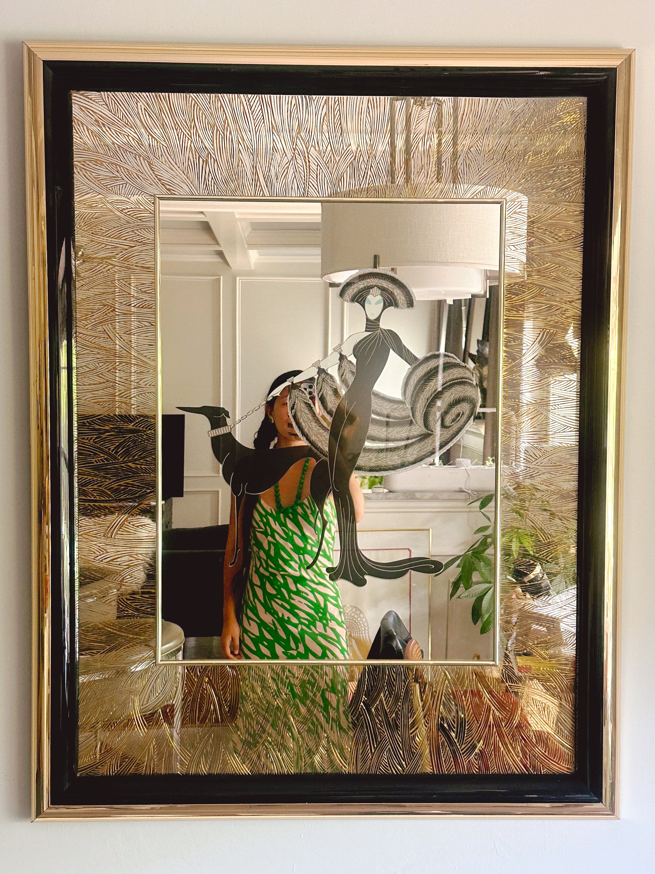 Stunning Vintage 1980s Erte "Symphony in Black" Art Mirror in Gold Frame | Large Art Deco Style Wall Mirror | Collectible Glass Art