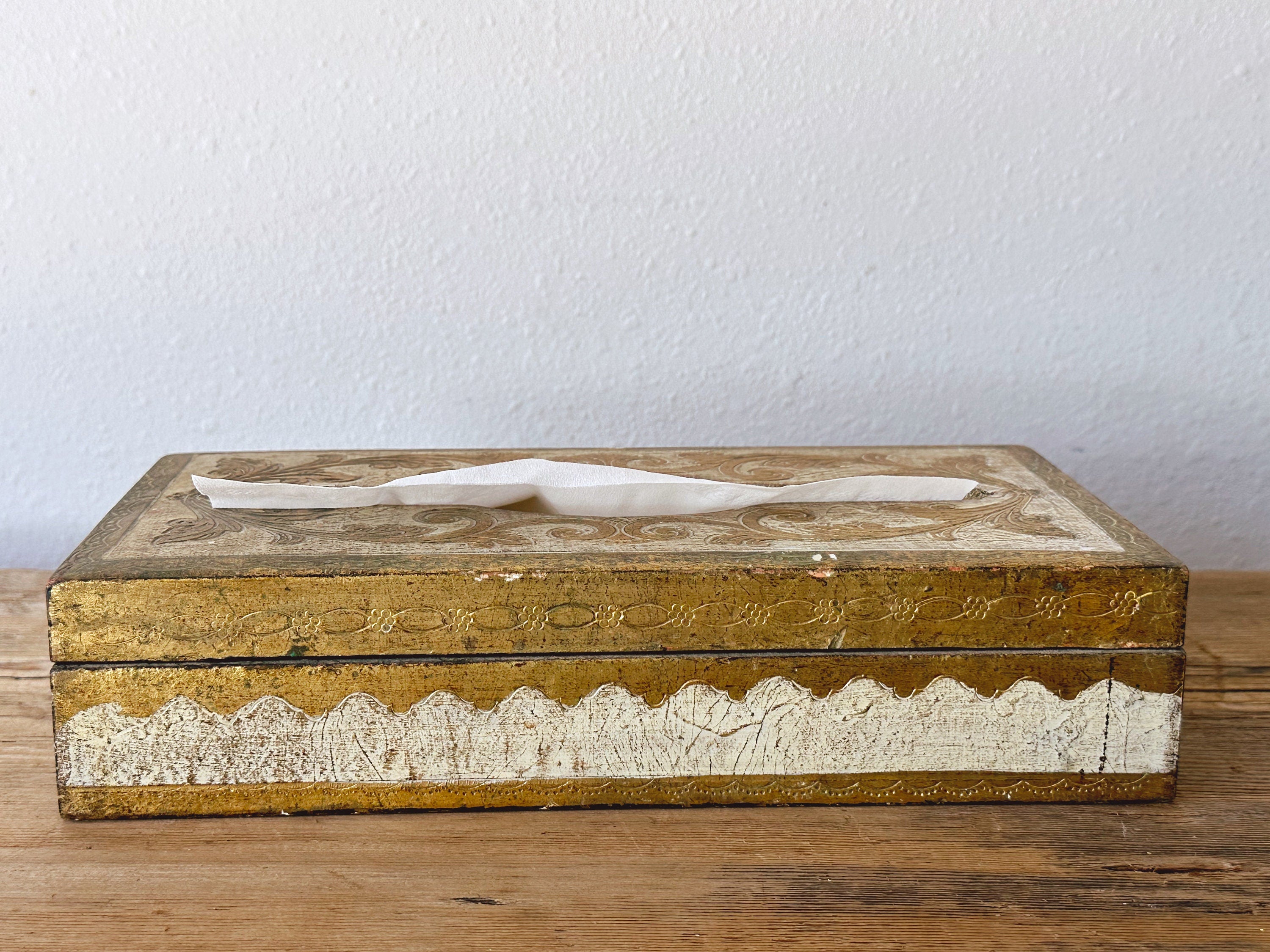Vintage Italian Florentine Gilt-Wood Tissue Box | Cream and Gold Distressed Wooden Trinket Box | Bedroom Vanity Decor | Gift for Her