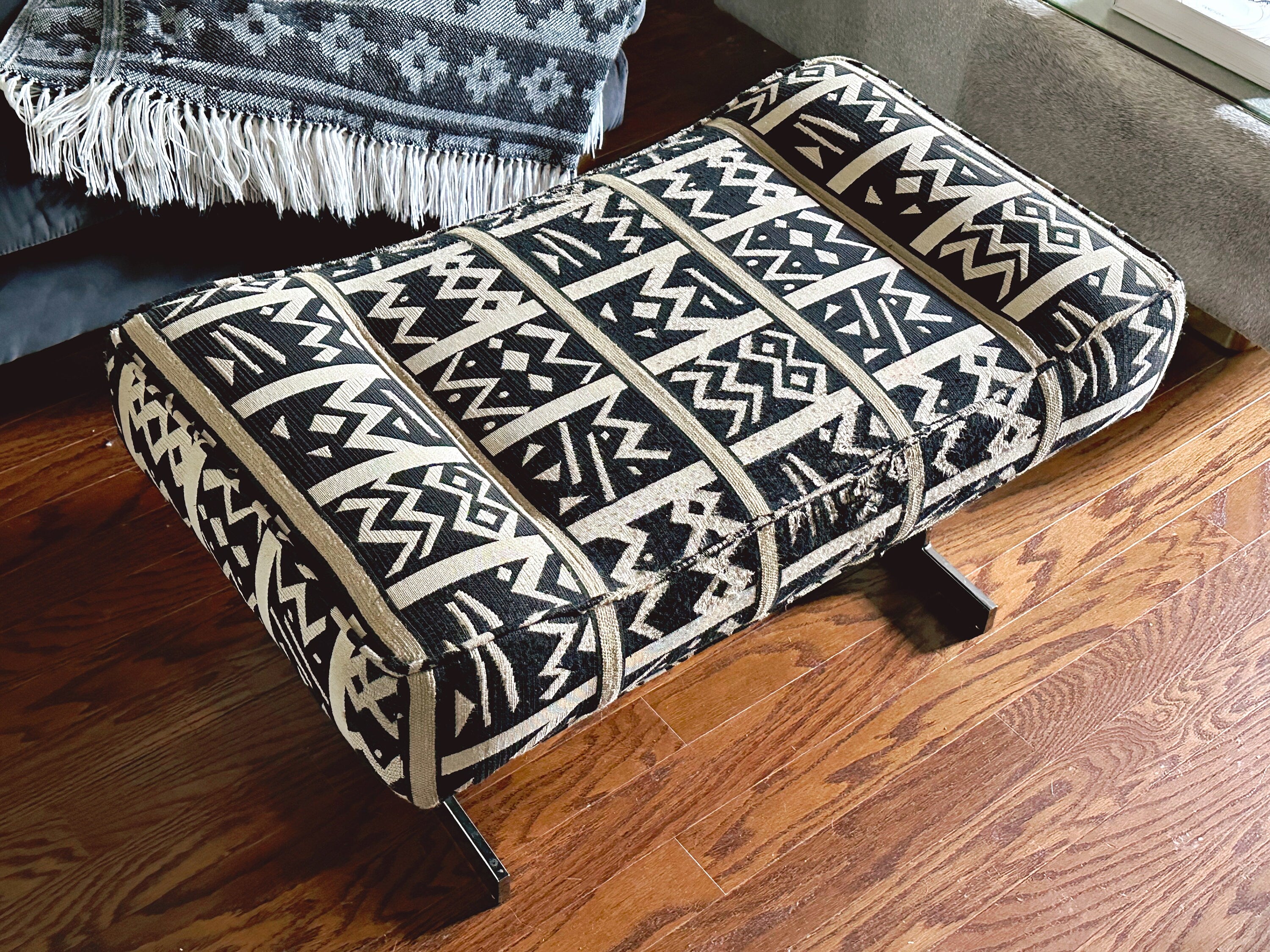 Vintage Ottoman Bench Upholstered in Mud Cloth Style Fabric with Chrome Legs | Dressing Table Stool Vanity Footstool | Living Room Furniture