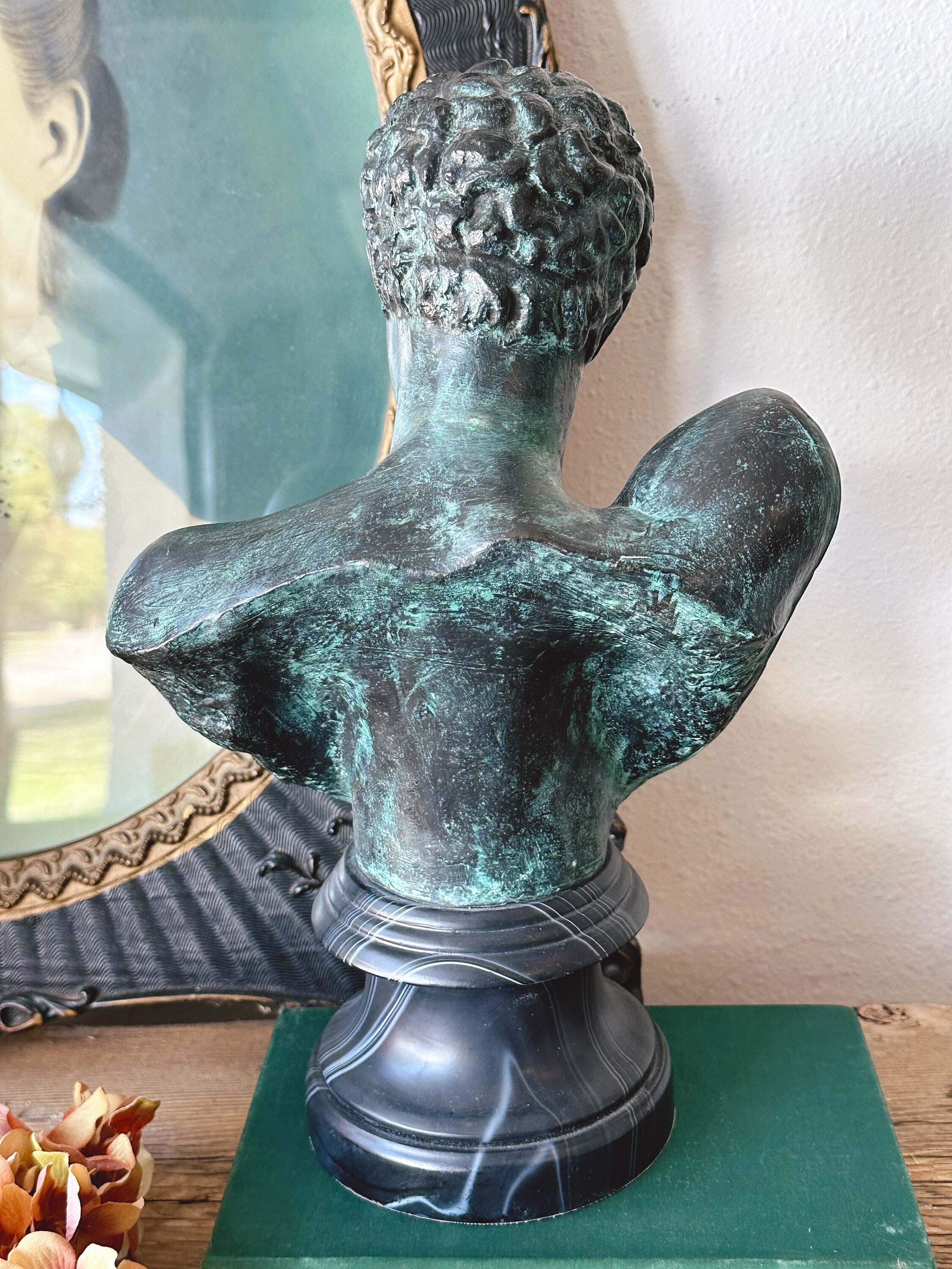 Antiqued Hermes Bust Metal Sculpture on Faux Marble Pedestal 13" | Vintage Greek & Roman Male Figurine Coffee Table Mantle Home Decor