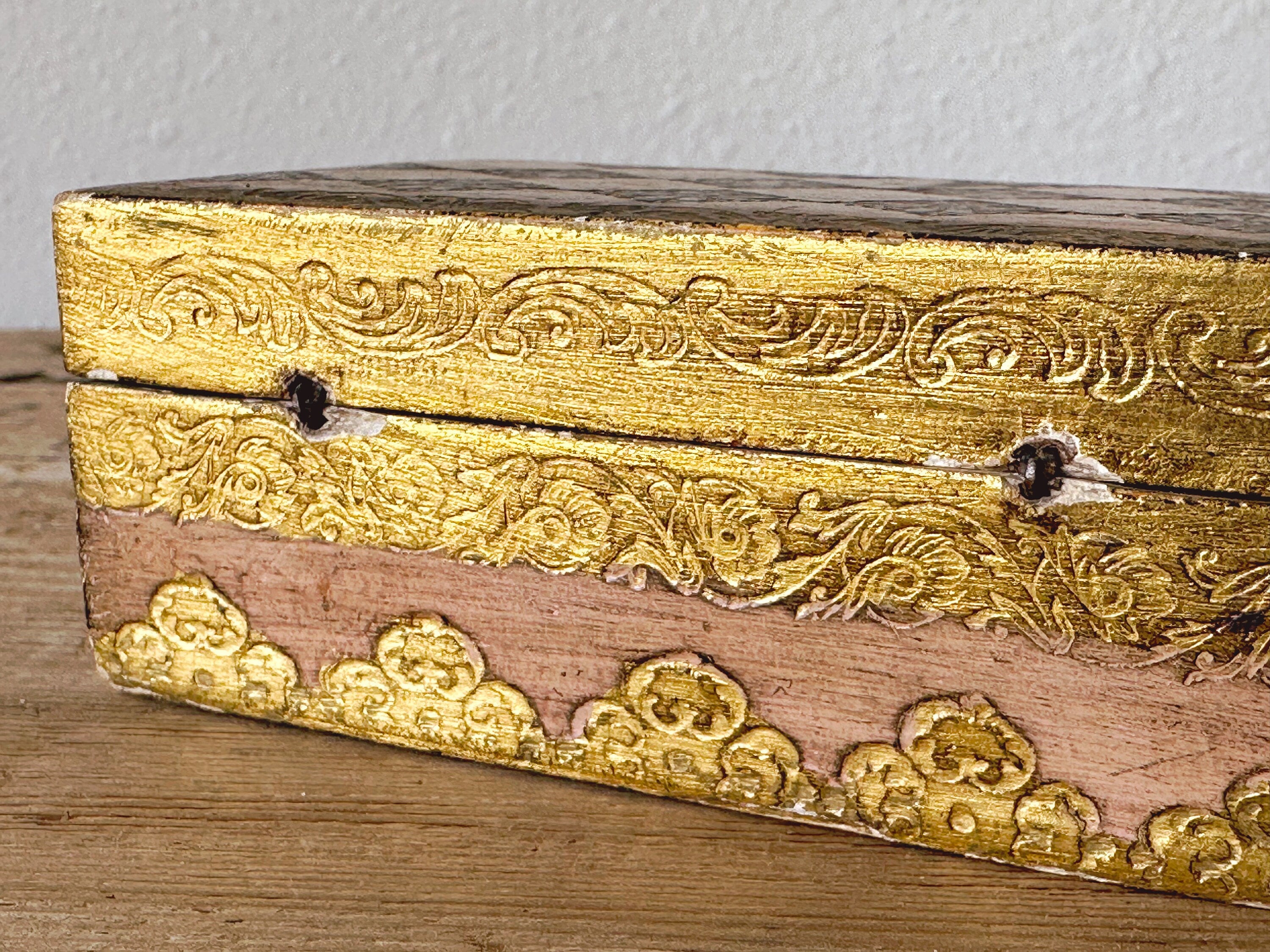 Small Vintage Italian Florentine Gilt-Wood Footed Jewelry Box | Gold and Pink Distressed Wooden Trinket Box | Bedroom Vanity | Gift for Her