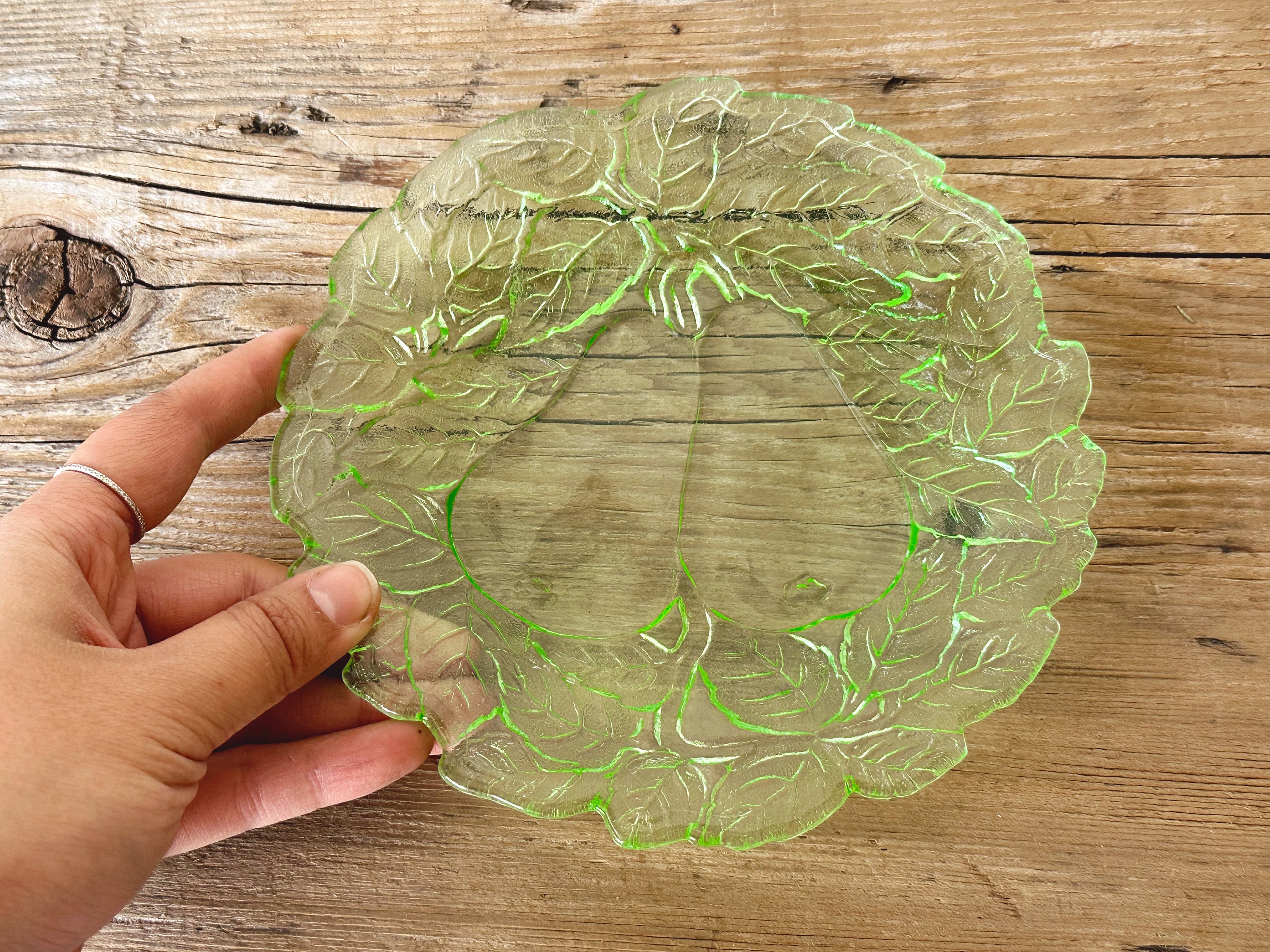 Vintage 1930s Green Uranium Depression Glass Small Plates | Indiana Glass Sweet Pear Pattern Plate | Cabbage Leaf Candy Dish