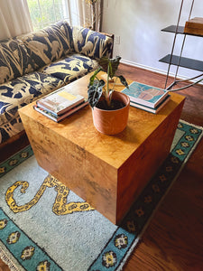1970s Burlwood Cube Coffee Table in the Style of Milo Baughman | SHIPPING NOT FREE | Mid-Century Modern Living Room Furniture