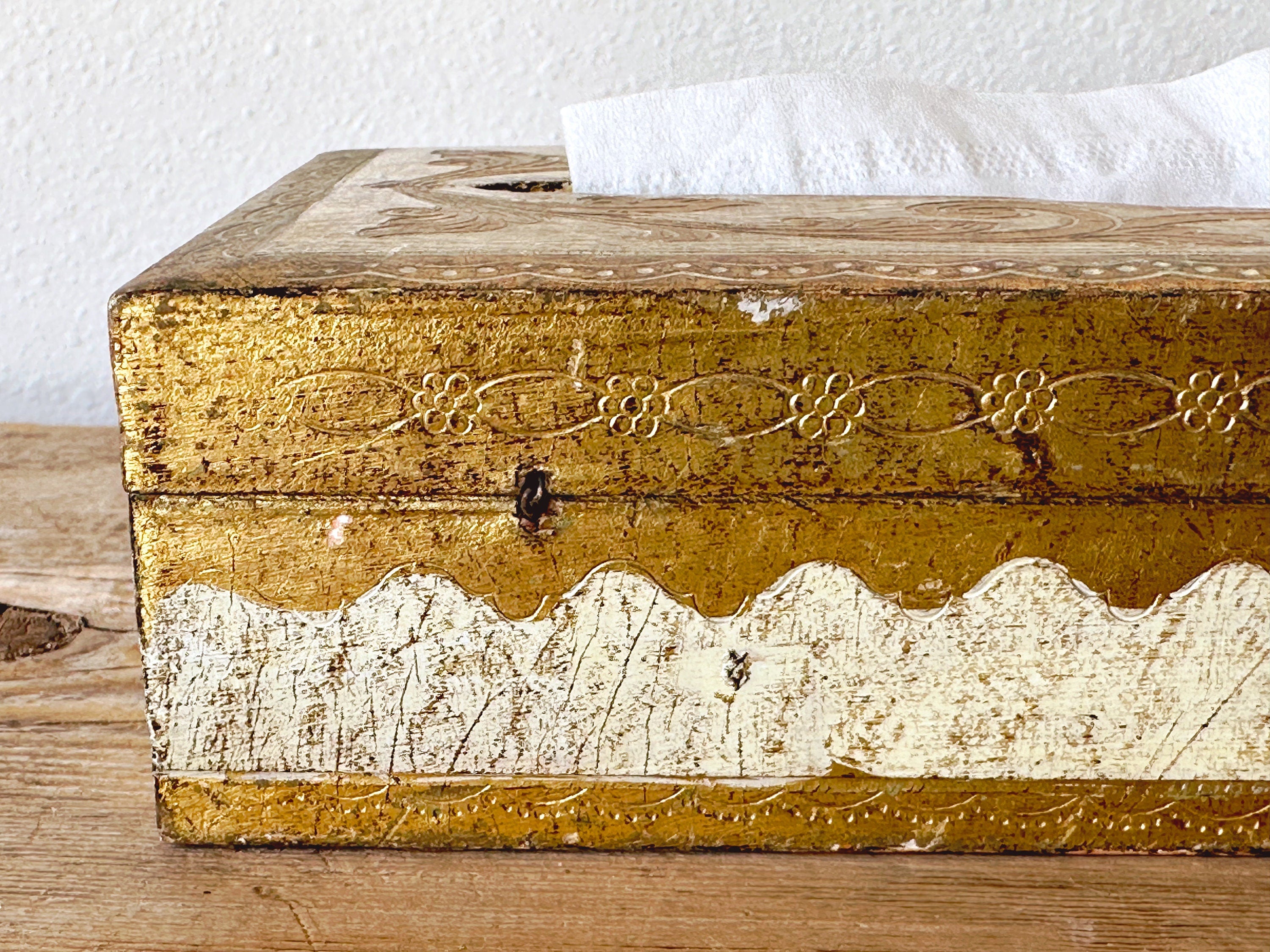 Vintage Italian Florentine Gilt-Wood Tissue Box | Cream and Gold Distressed Wooden Trinket Box | Bedroom Vanity Decor | Gift for Her