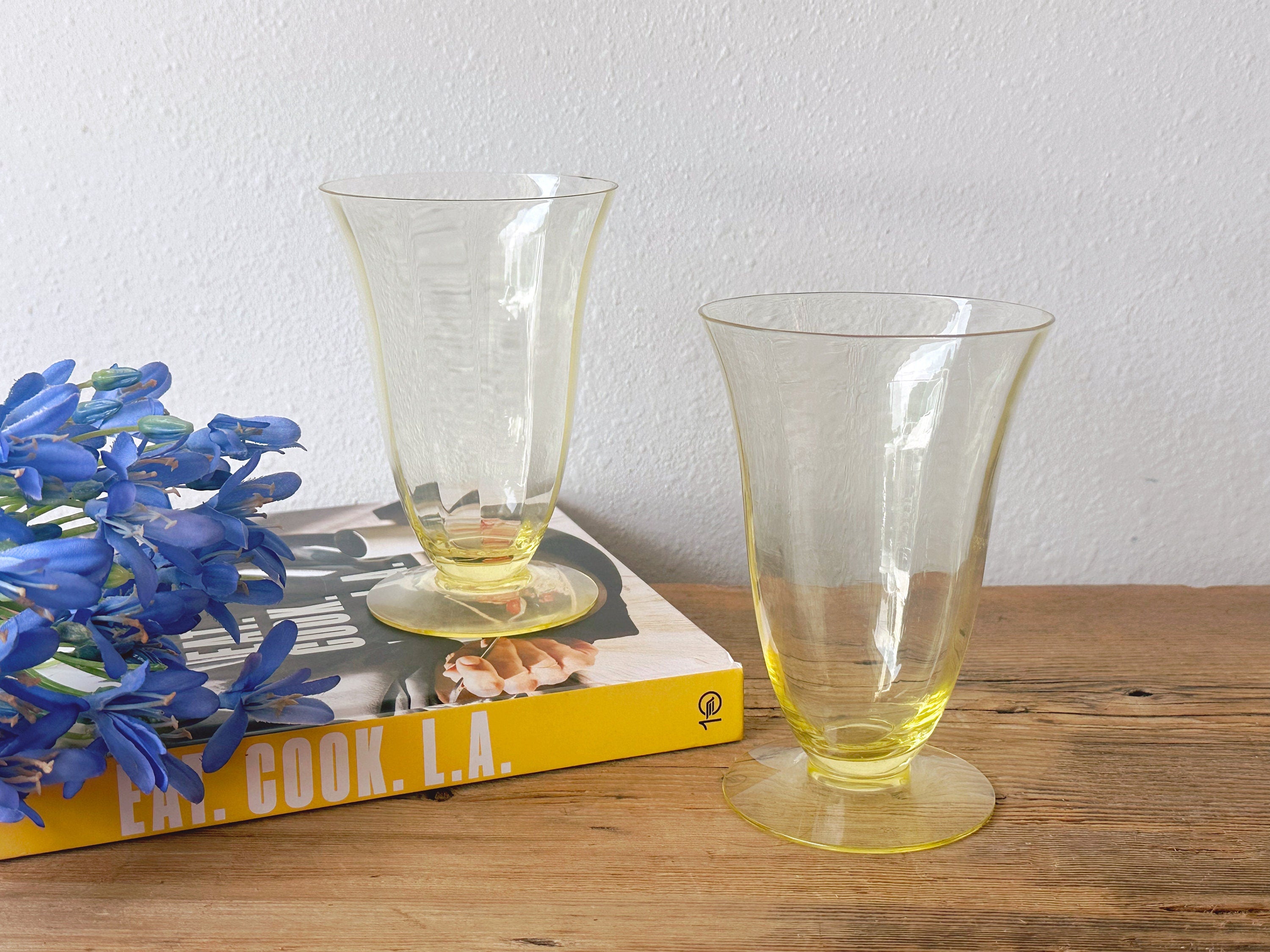 Pair of Vintage Depression Glass Yellow Ice Cream Sundae Cups | Footed Beverage Glass with Optical Rib Design | Cocktail Glass Barware
