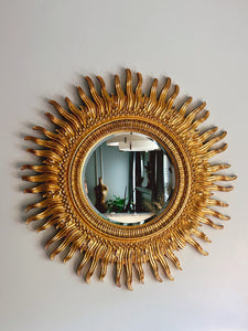 Extra Large Vintage Golden Sunburst Plaster Wall Mirror 42" | Hollywood Regency Style Large Resin Round Mirror | Gallery Wall Decor