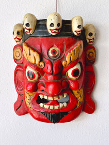 Antique Tibetan Ceremonial Wooden Mask | 3D Hand Carved Wood Sculpture Hanging Wall Decor | Chinese Art Eclectic Asian Style Home Decor
