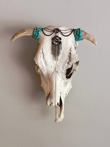 Vintage Bull Skull with Horns in Southwestern Style Jewelry | Cow Skull with Turquoise Stone Decorations | Boho Gallery Wall Hanging Decor