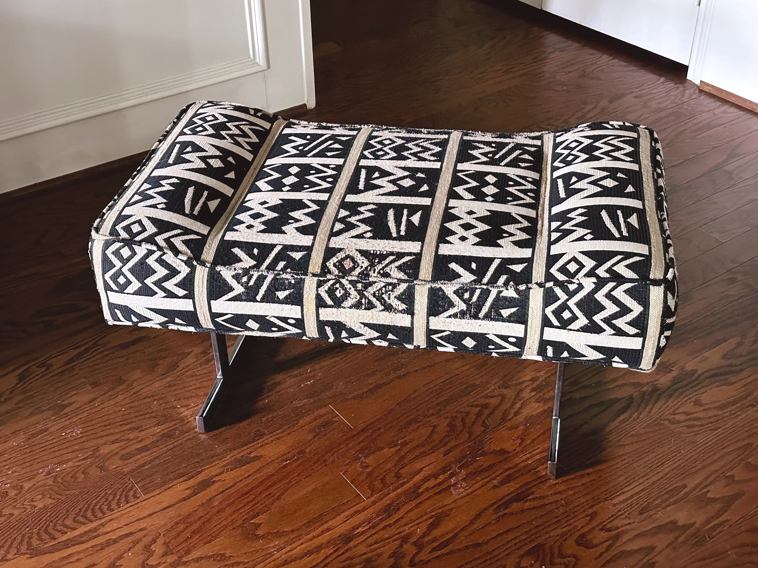 Vintage Ottoman Bench Upholstered in Mud Cloth Style Fabric with Chrome Legs | Dressing Table Stool Vanity Footstool | Living Room Furniture