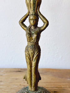 Vintage Egyptian Revival Style Brass Figural Woman Candlestick Holder | Antique Elegant Lady Goddess Tea Light Holder | Mantle Decor