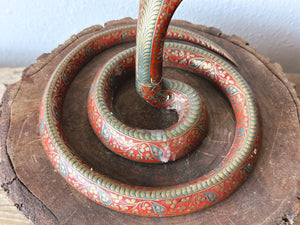 Vintage Brass Hand Painted Enameled Cobra Snake Tea Light Candle Holder | Engraved Serpent with Swirling Tail | Unique Boho Home Decor