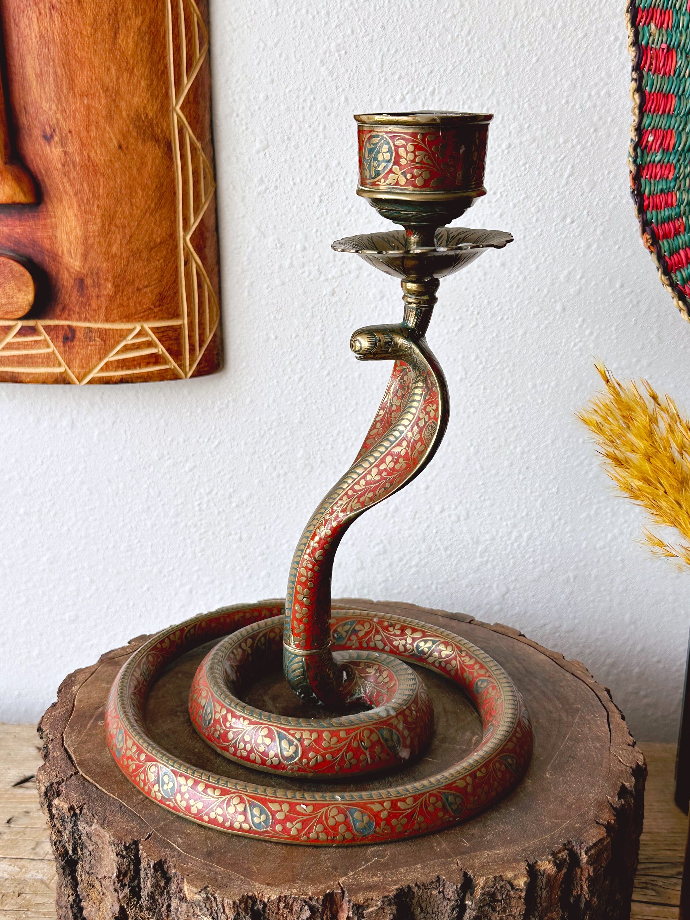 Vintage Brass Hand Painted Enameled Cobra Snake Tea Light Candle Holder | Engraved Serpent with Swirling Tail | Unique Boho Home Decor