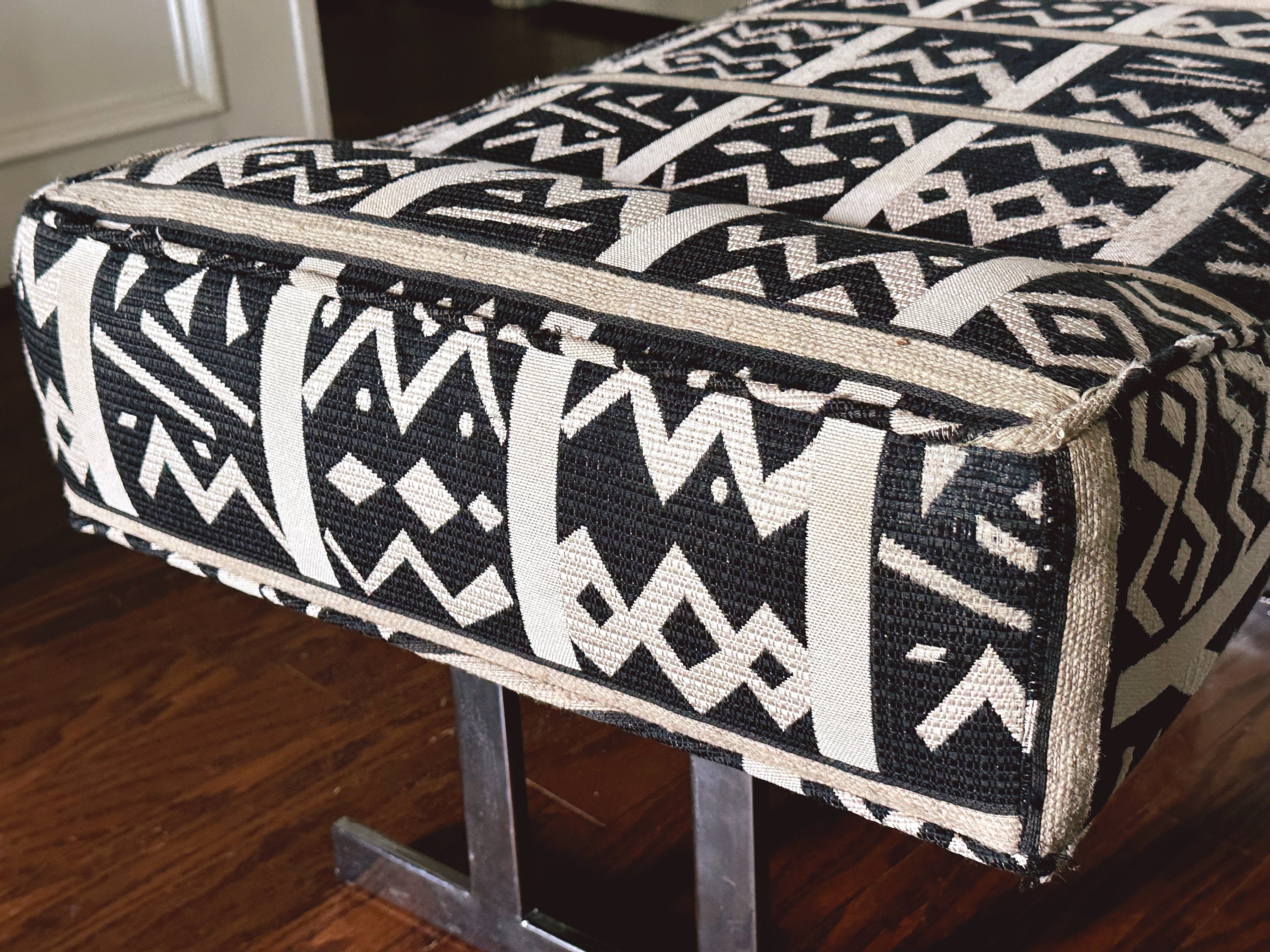 Vintage Ottoman Bench Upholstered in Mud Cloth Style Fabric with Chrome Legs | Dressing Table Stool Vanity Footstool | Living Room Furniture