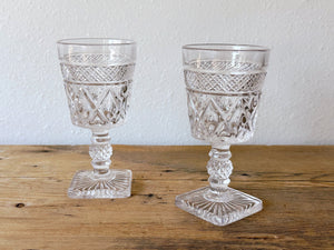Pair of Vintage Pressed Clear Glass Wine Goblets | Mid Century Juice and Water Glasses | Glassware Barware Housewarming Gift