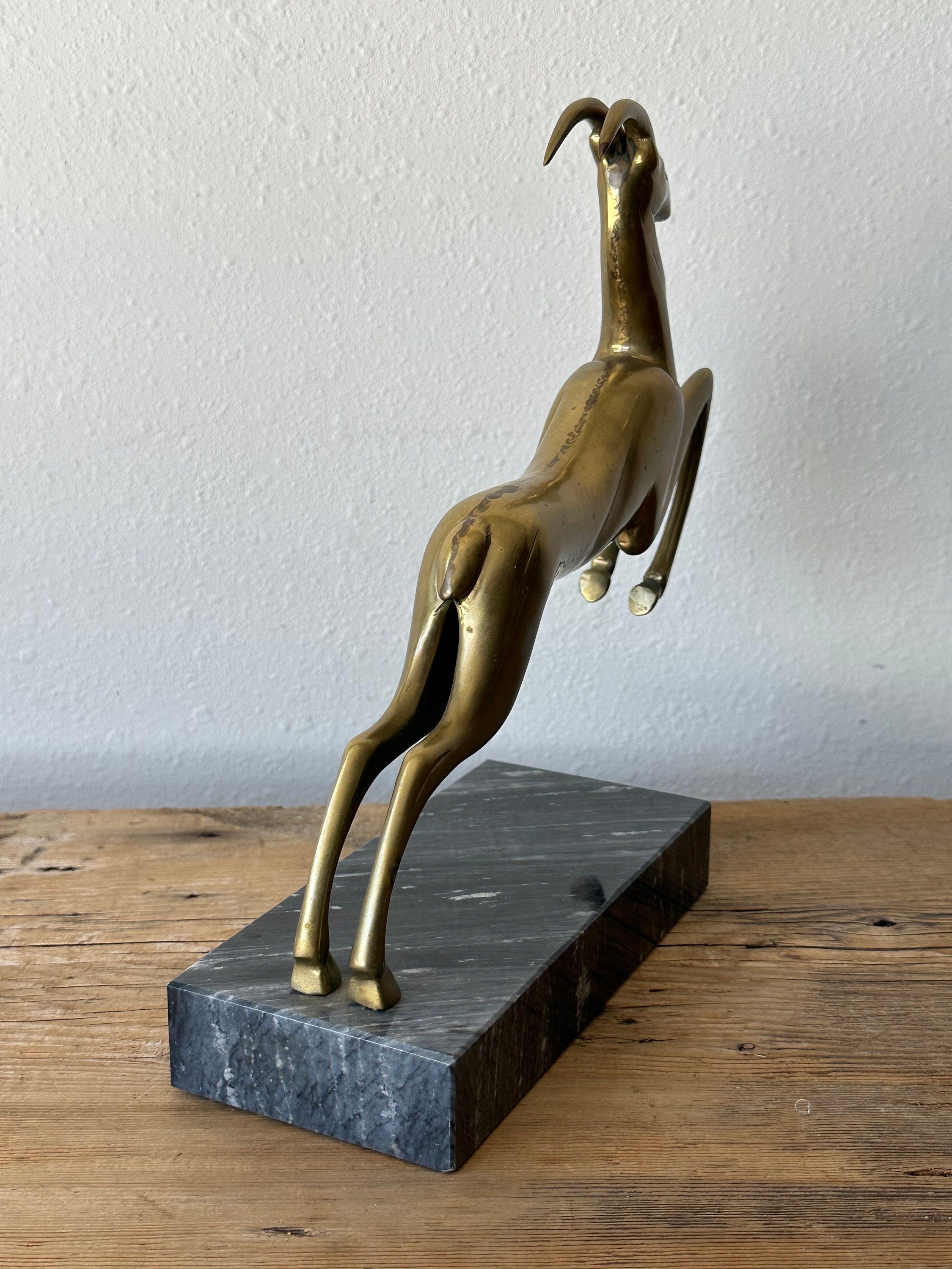Vintage 1983 Brass Leaping Gazelle Sculpture Figurine on Marble Base by Dara International | Antelope Sculpture Office Bookshelf Decor