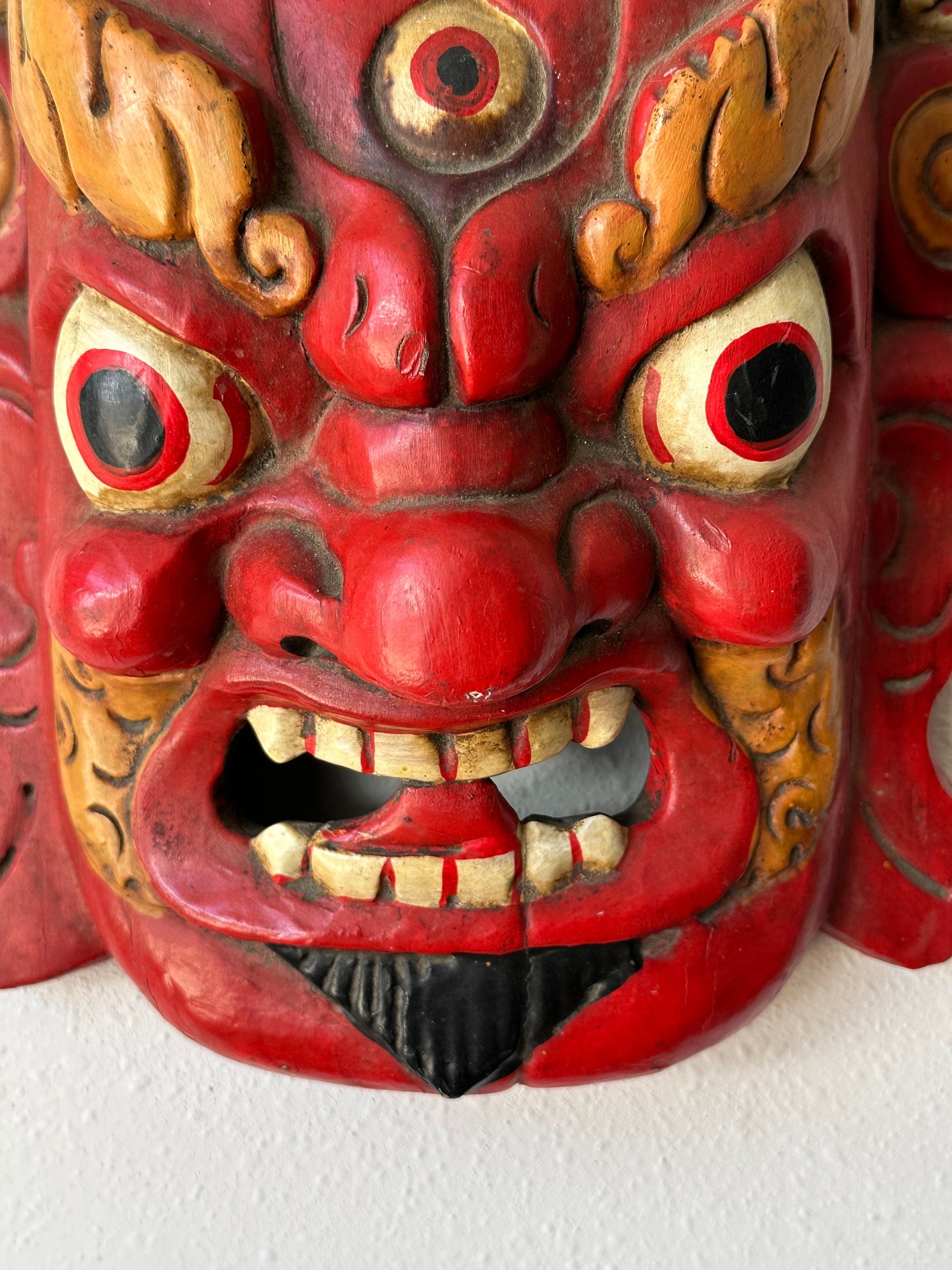 Antique Tibetan Ceremonial Wooden Mask | 3D Hand Carved Wood Sculpture Hanging Wall Decor | Chinese Art Eclectic Asian Style Home Decor