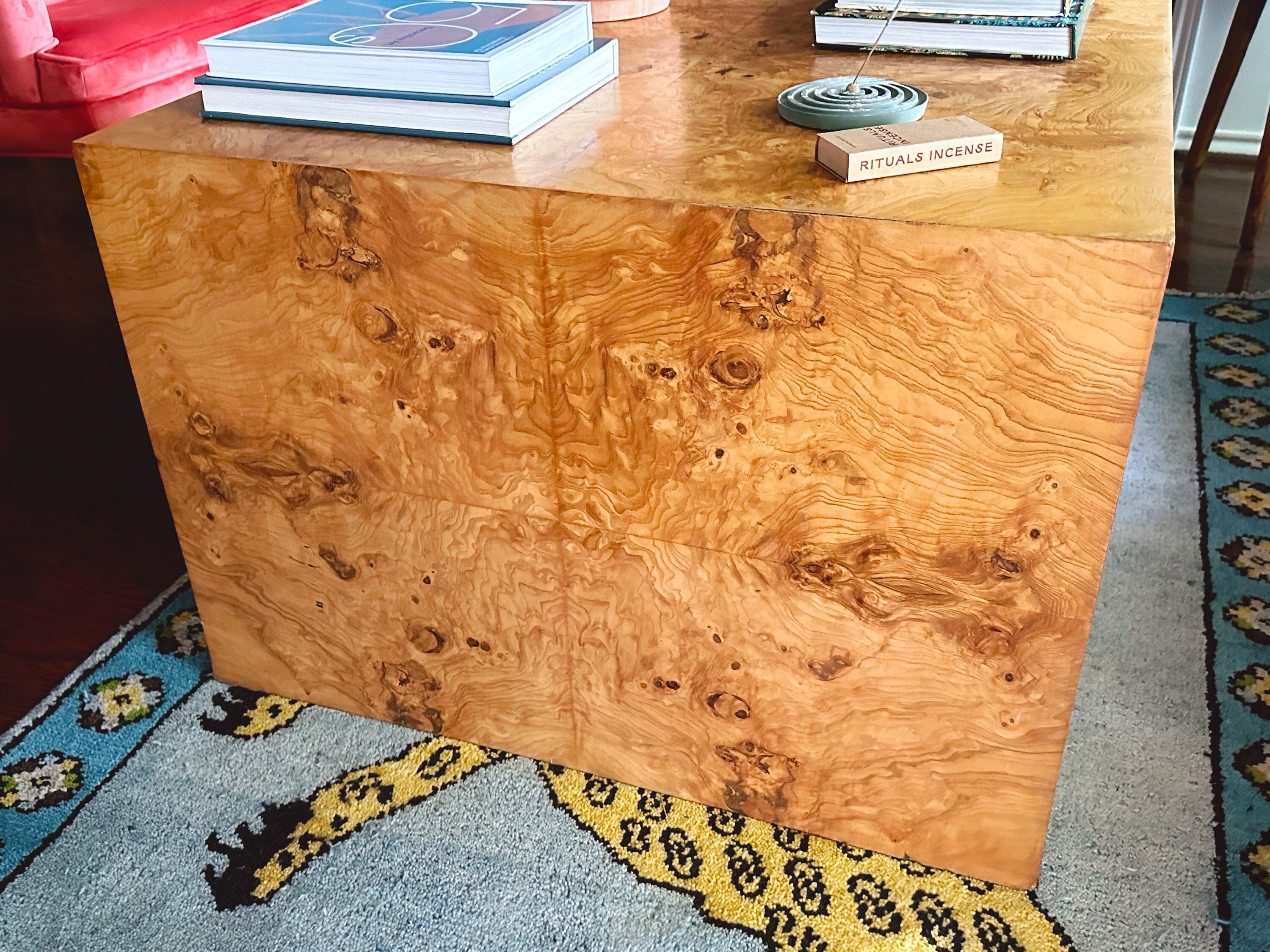 1970s Burlwood Cube Coffee Table in the Style of Milo Baughman | SHIPPING NOT FREE | Mid-Century Modern Living Room Furniture