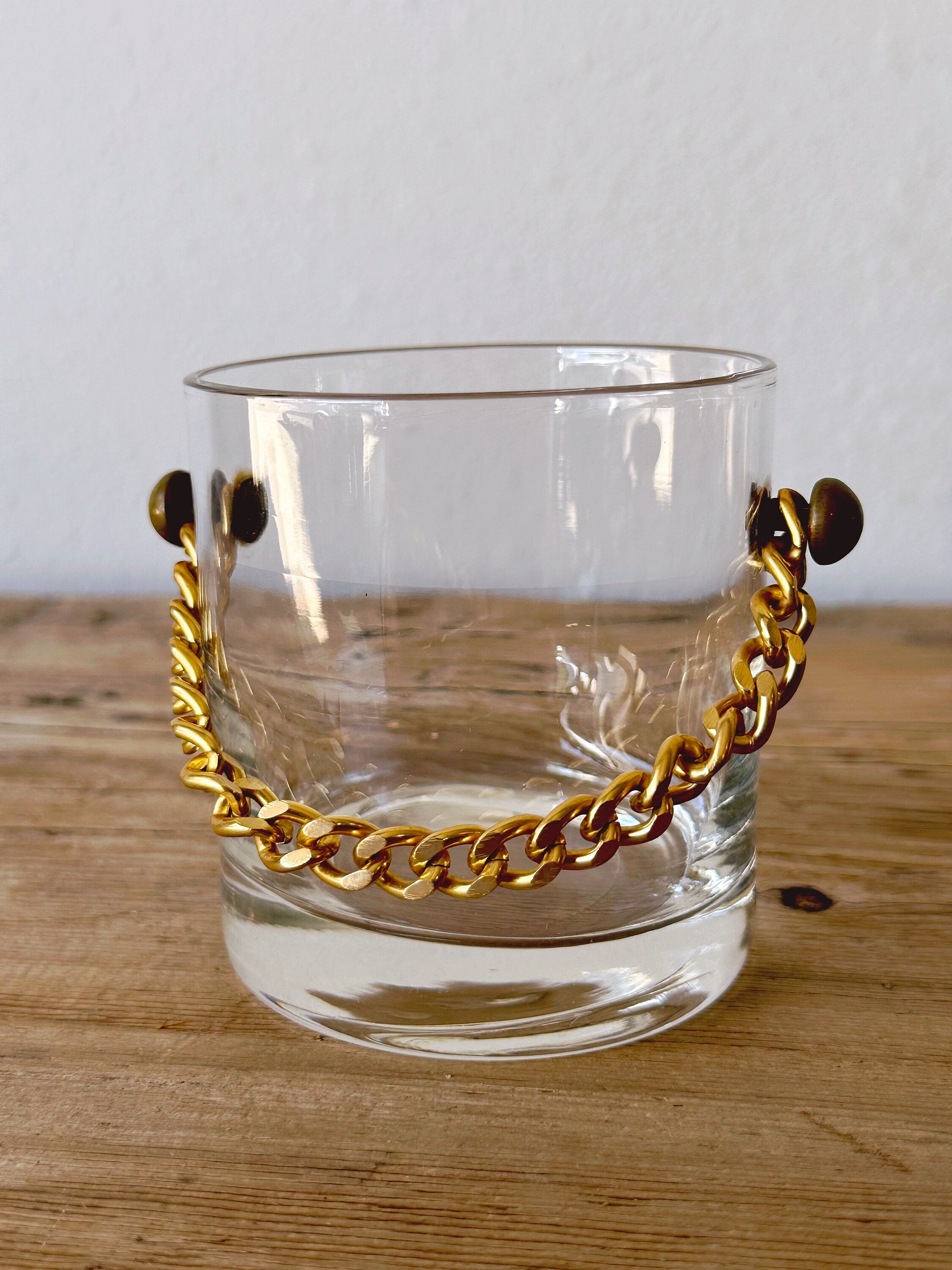 Set of 4 Vintage Clear Whisky Rocks Glasses with Gold Brass Chain | Single Old Fashioned Glasses Barware | Gift for Him Father's Day