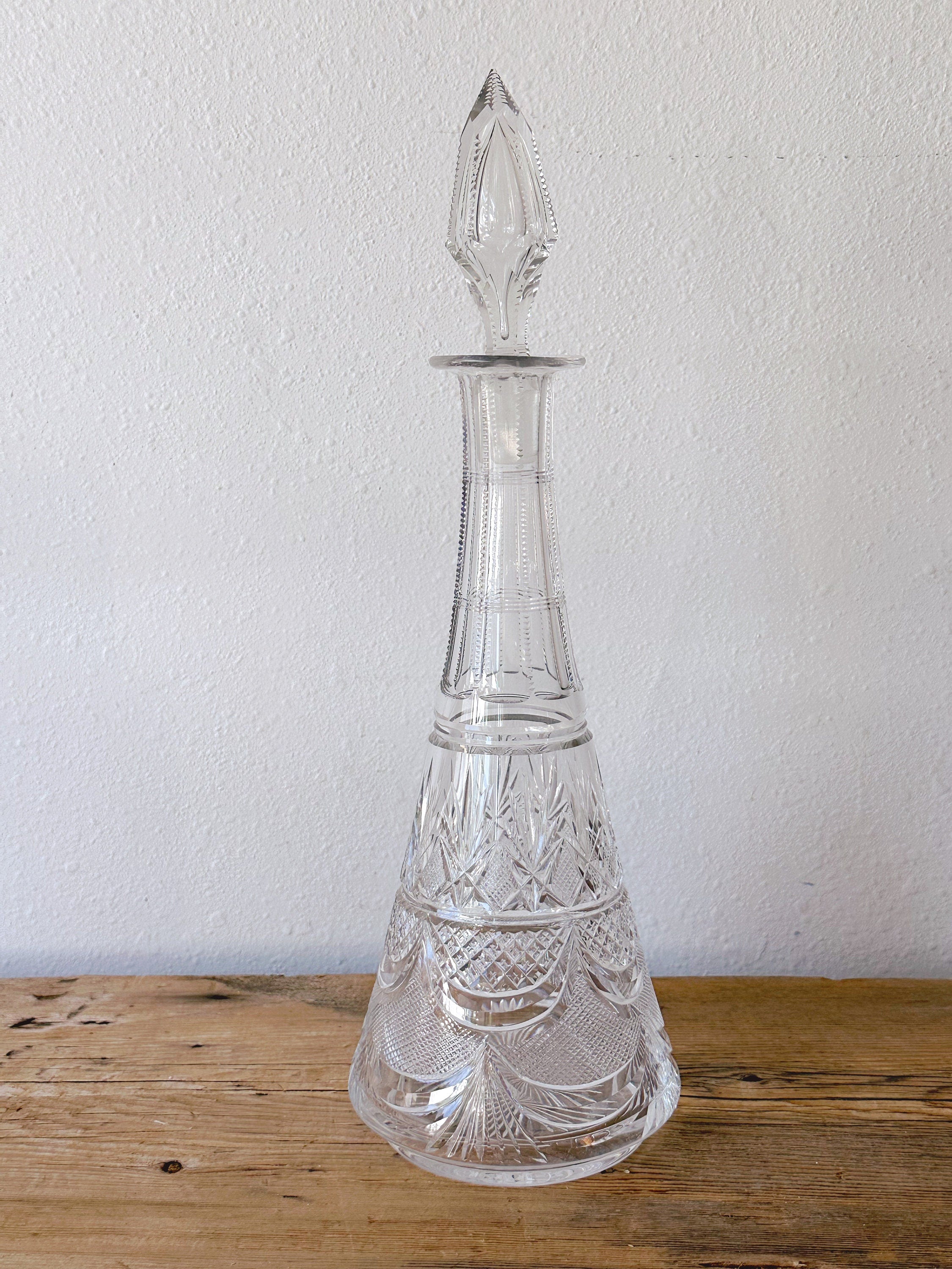 Vintage 80s Tall Bohemian Cut Obelisk Shaped Crystal Decanter with Hand Cut Stopper | 15" Tall Liquor Decanter Barware | Father's Day Gift