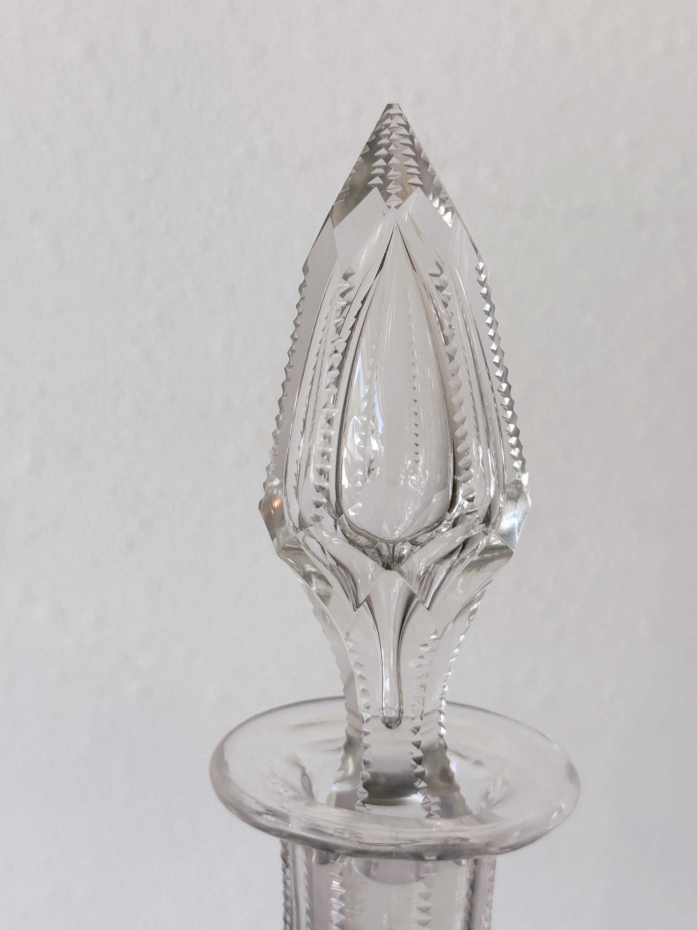 Vintage 80s Tall Bohemian Cut Obelisk Shaped Crystal Decanter with Hand Cut Stopper | 15" Tall Liquor Decanter Barware | Father's Day Gift