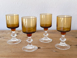 Vintage 1970s French Amber Cordial or Shot Glasses in Set of 4, 6, 8 or 12 | Mid Century Modern Luminarc Cavalier Liqueur Glasses Barware