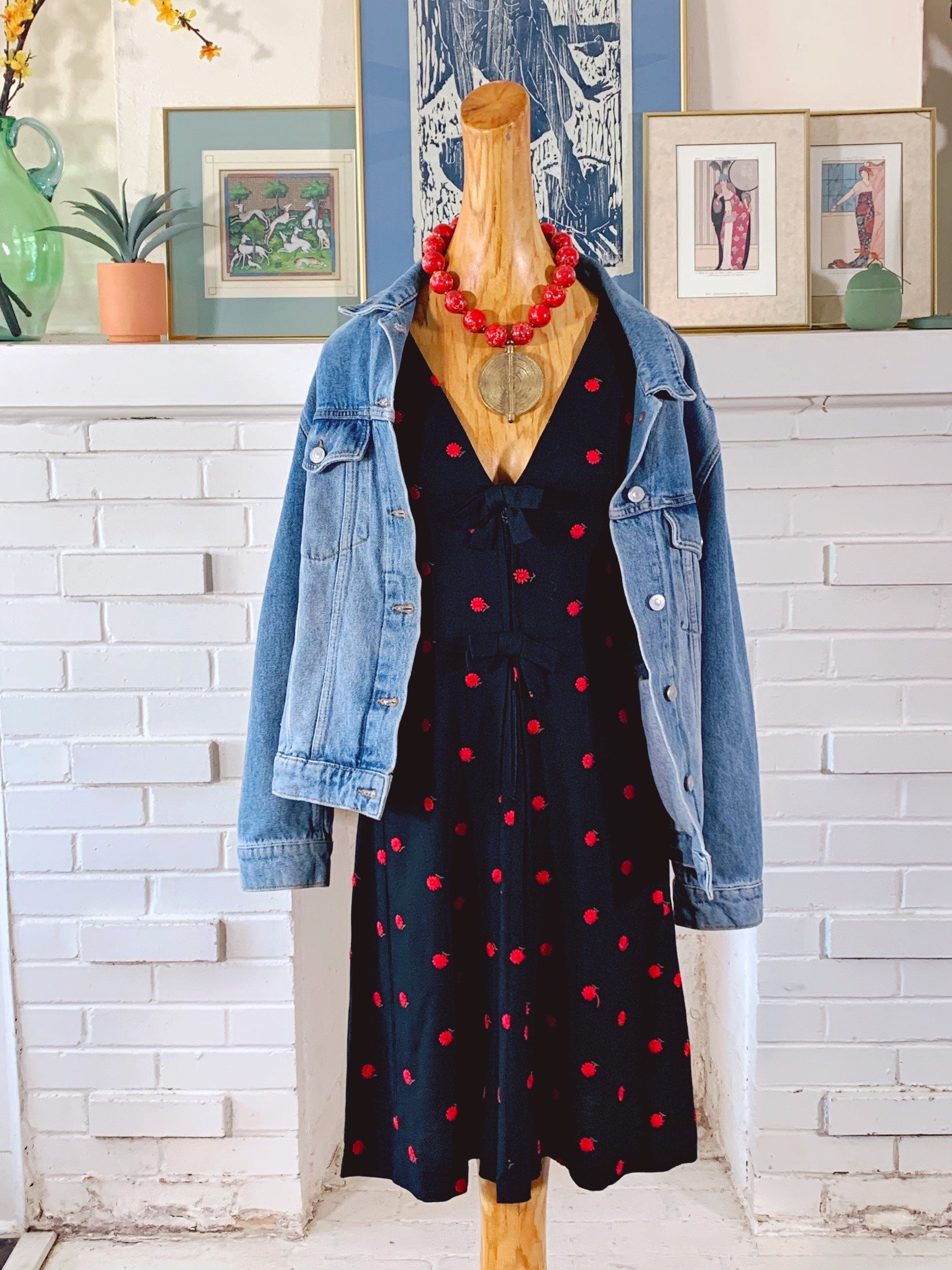 Vintage Black Casual Dress with Embroidered Red Flowers and Black Bows | Size S | Summer Cocktail Dress Day Dress