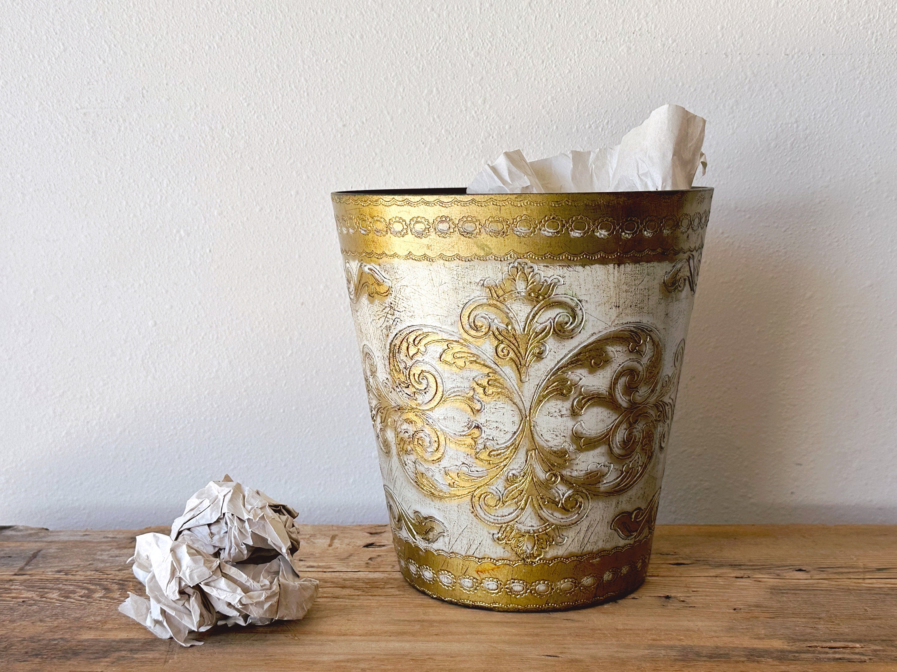 Mid Century Italian Florentine Hand Painted Gilt Waste Basket | Vintage Distressed Wooden Trash Can Bin | Office Decor | Made In Italy