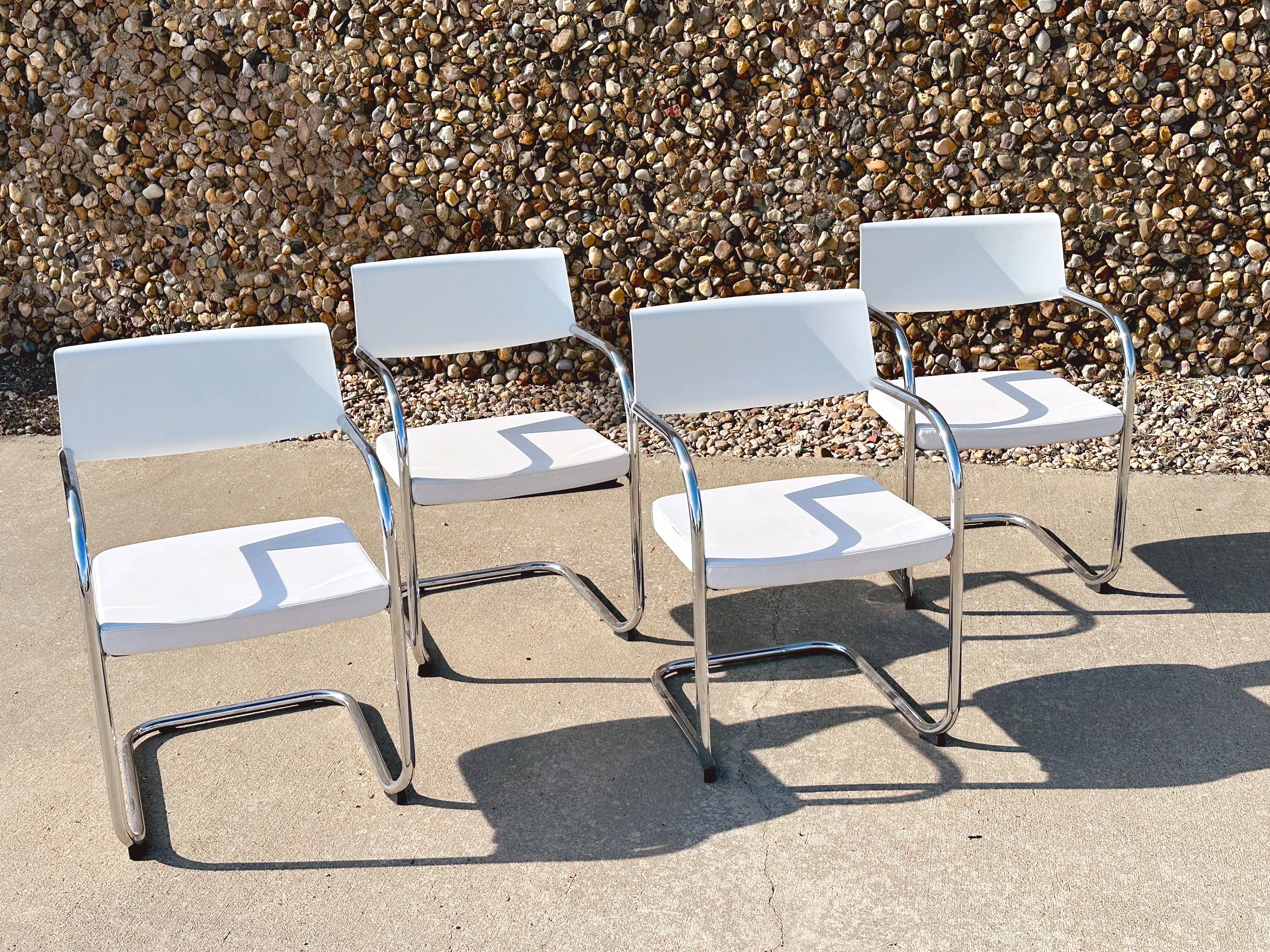 Set of 4 Vintage Knoll White Leather & Chrome Cantilever Chairs | Shipping NOT Free | MCM Office Chair Dining Chair