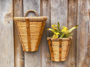Pair of Vintage Rattan Door Baskets | Hanging Reed Wall Basket with Handles | Farmhouse Decor Rustic Wedding Flower Holder