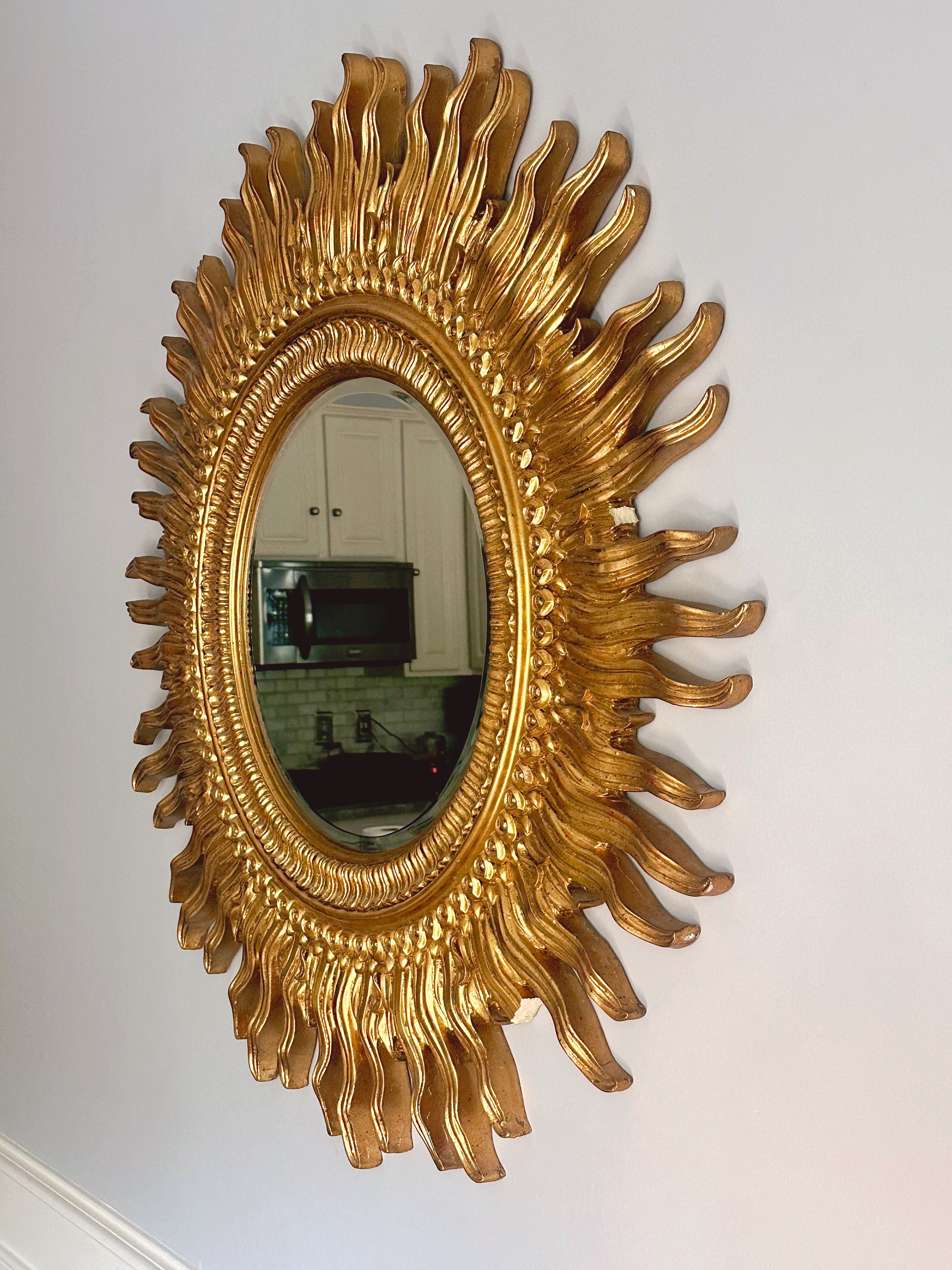Extra Large Vintage Golden Sunburst Plaster Wall Mirror 42" | Hollywood Regency Style Large Resin Round Mirror | Gallery Wall Decor