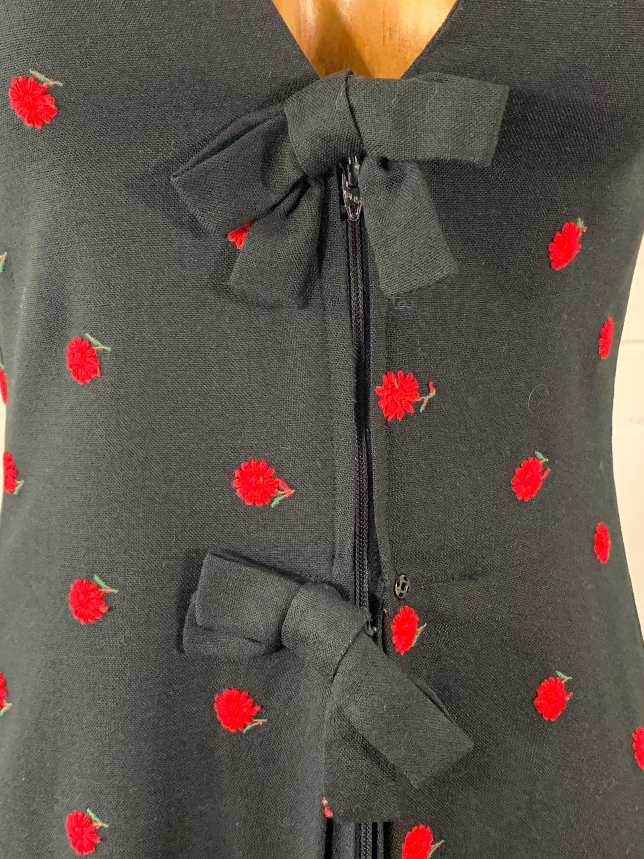 Vintage Black Casual Dress with Embroidered Red Flowers and Black Bows | Size S | Summer Cocktail Dress Day Dress