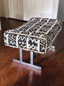 Vintage Ottoman Bench Upholstered in Mud Cloth Style Fabric with Chrome Legs | Dressing Table Stool Vanity Footstool | Living Room Furniture
